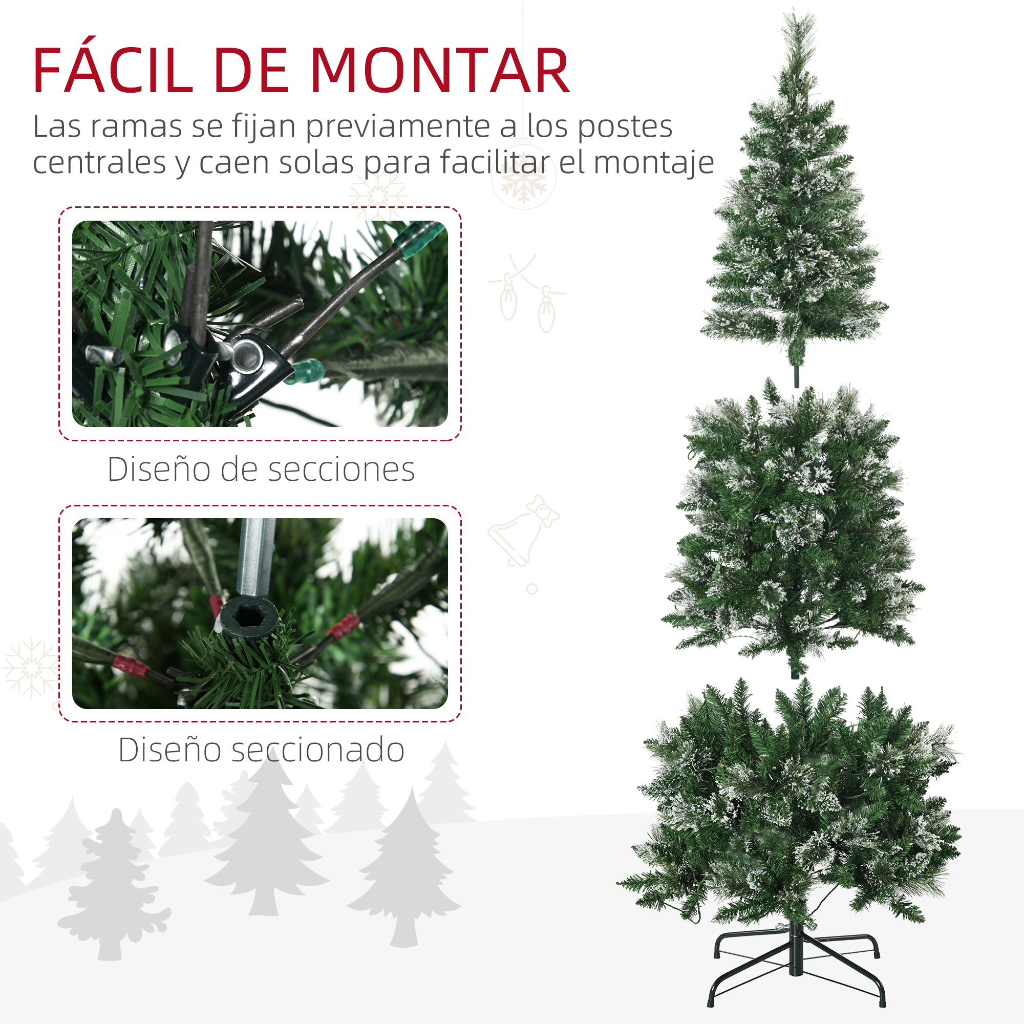 Árbol de navidad nevado fácil de montar con diseño por secciones.