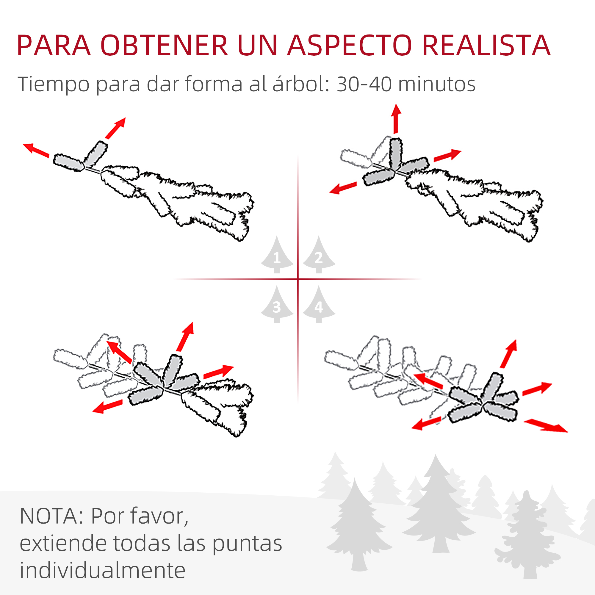 Guía de cuatro pasos sobre cómo dar forma a una rama de árbol de Navidad.