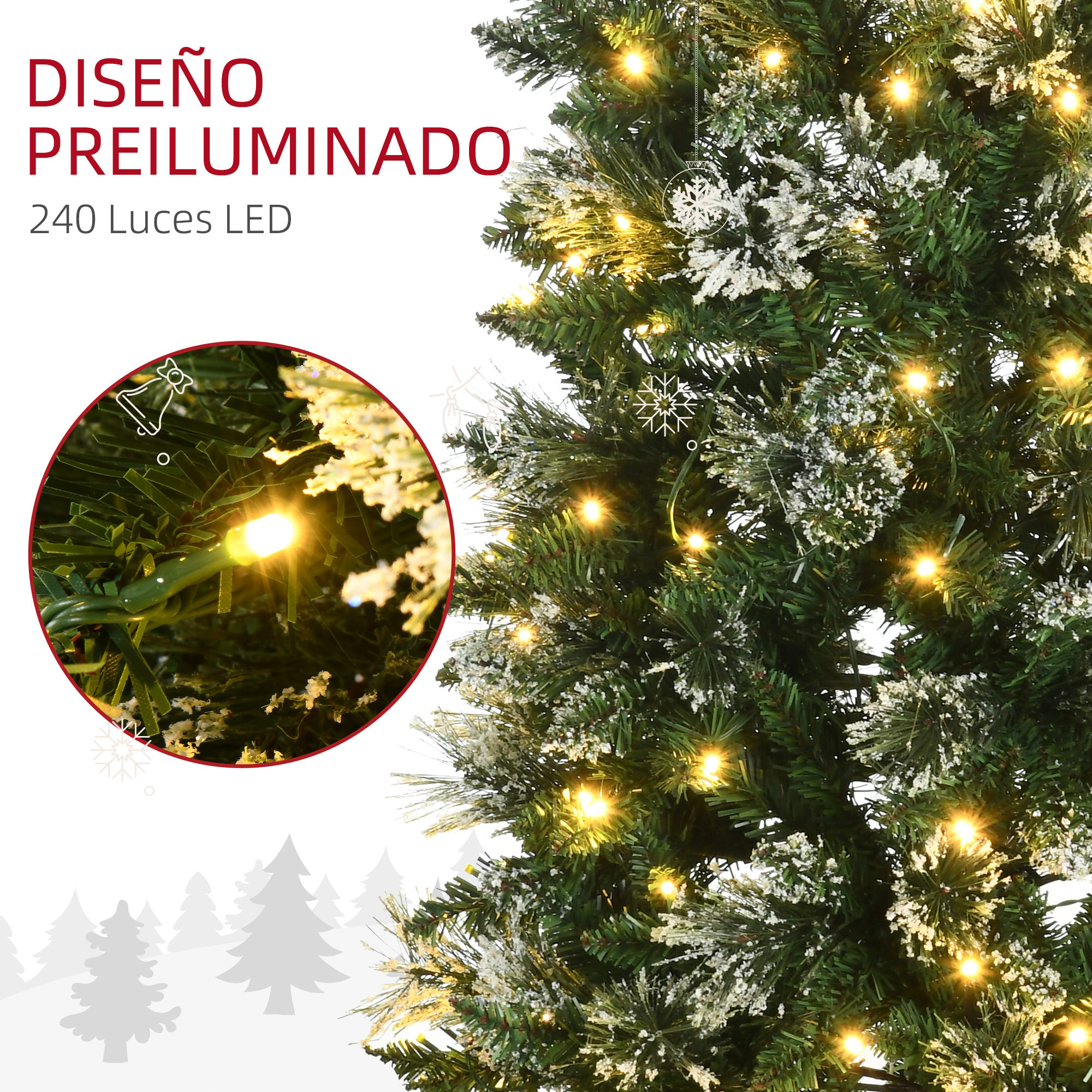 Árbol de Navidad preiluminado con nieve, luces y texto rojo a la izquierda.