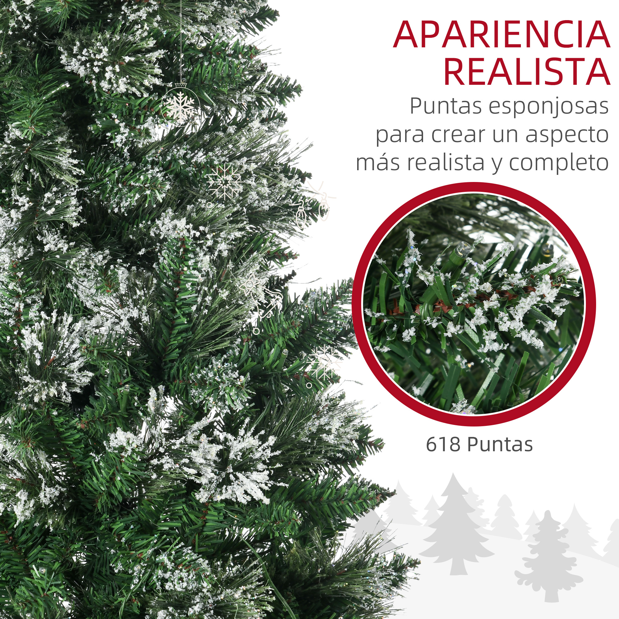 Árbol de Navidad artificial flocado con ramas verdes cubiertas de nieve y adornos de copos de nieve.