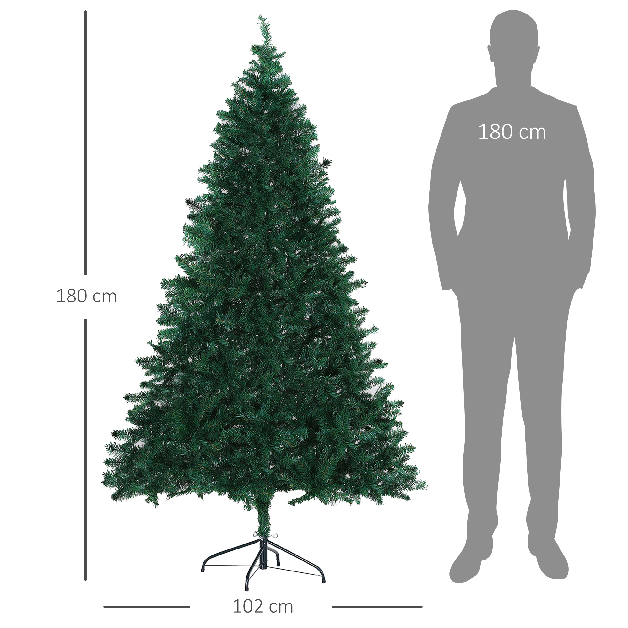 Un árbol de Navidad verde de 180 cm de alto con soporte y medidas, junto a la silueta de una persona.