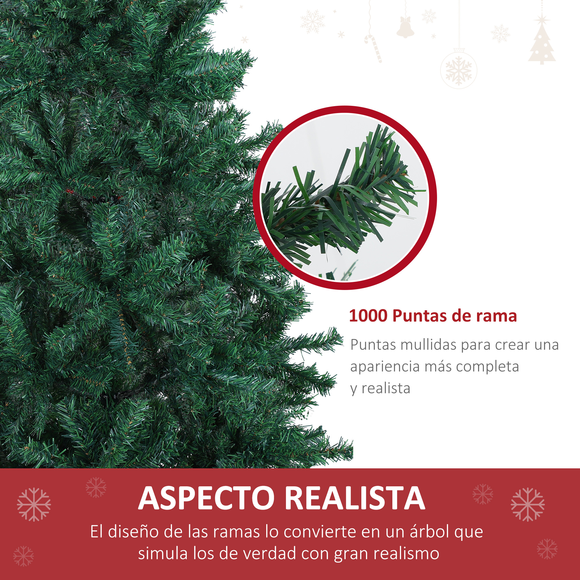 Primer plano de ramas de pino artificiales verdes con texto que destaca un aspecto realista.