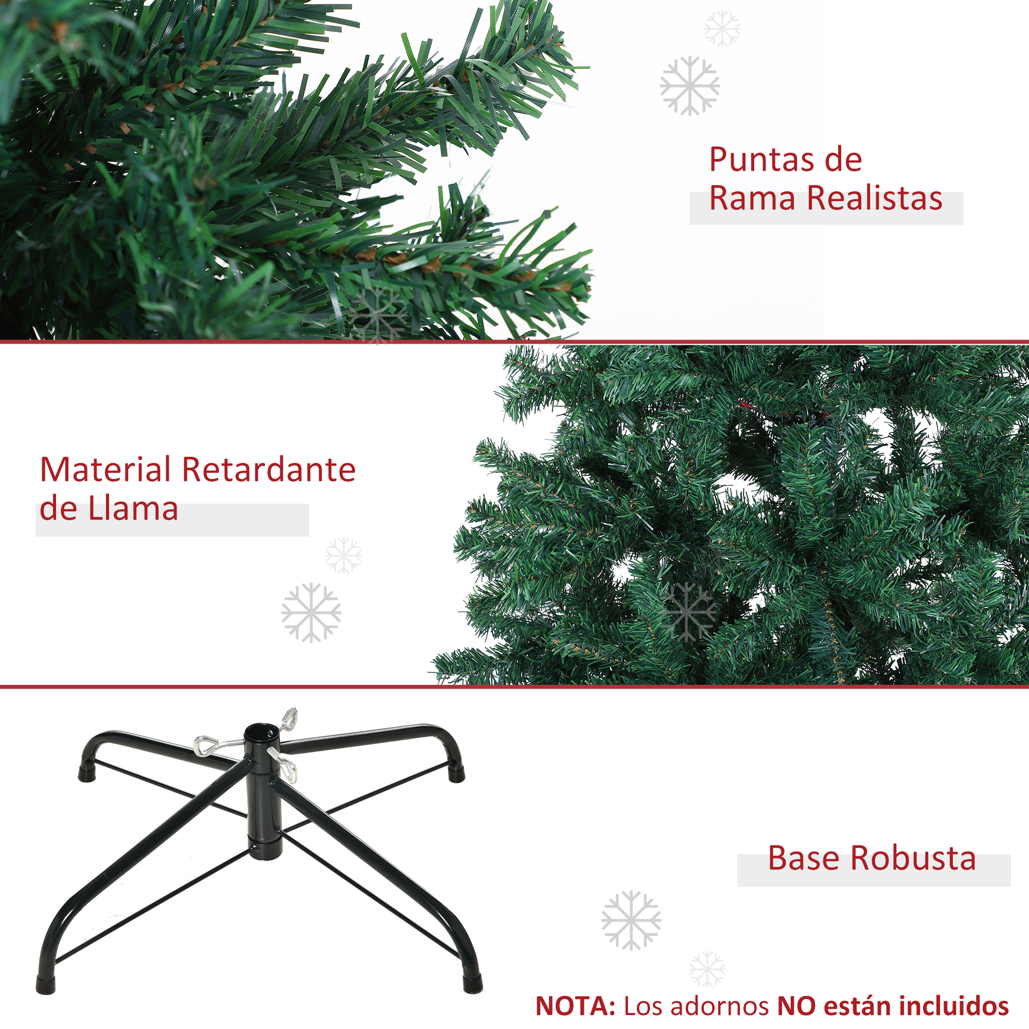 Tres paneles que muestran puntas de rama realistas, material retardante de llama y una base de metal robusta.