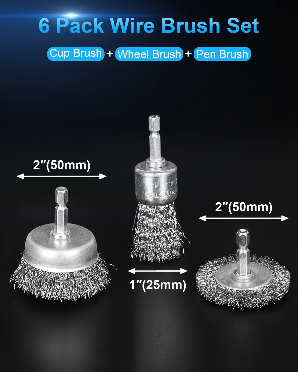 Sechs Drahtbürsten-Set mit Cup-, Rad- und Pen-Bürsten in verschiedenen Größen.