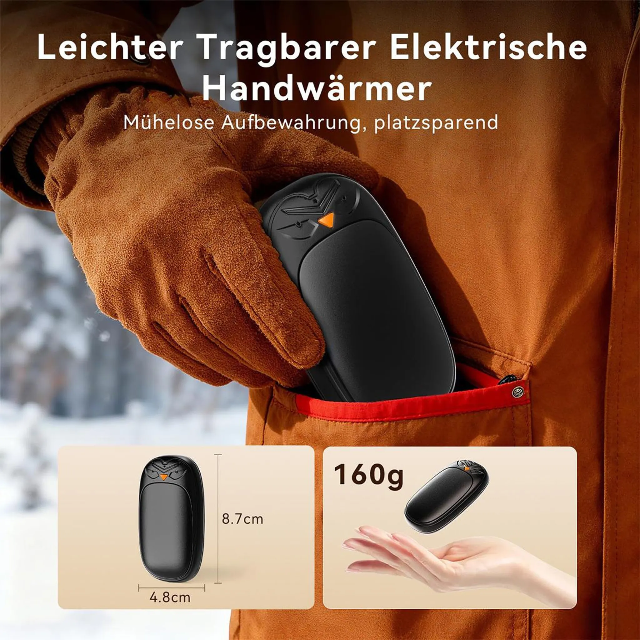 Hand in Handschuh steckt einen schwarzen Handwärmer in die Jackentasche, mit Maßangaben und Gewicht.