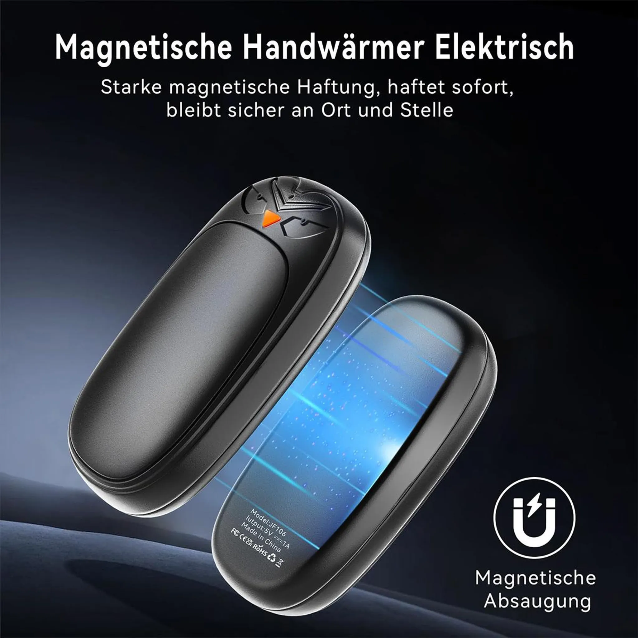Zwei schwarze, magnetische elektrische Handwärmer auf dunklem Hintergrund mit deutscher Werbeschrift.