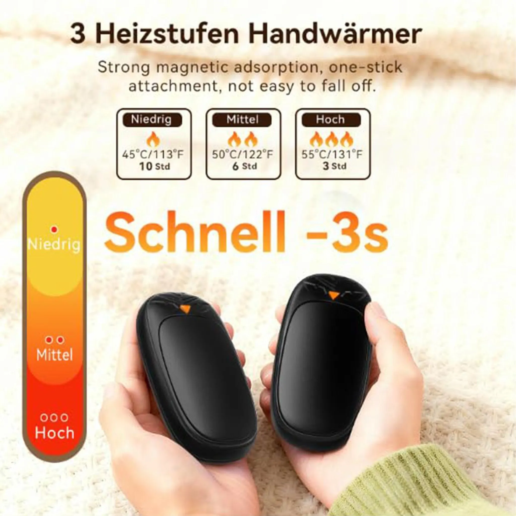 Zwei schwarze Handwärmer in Händen mit Text über drei Heizstufen und 3-Sekunden-Schnellheizung.