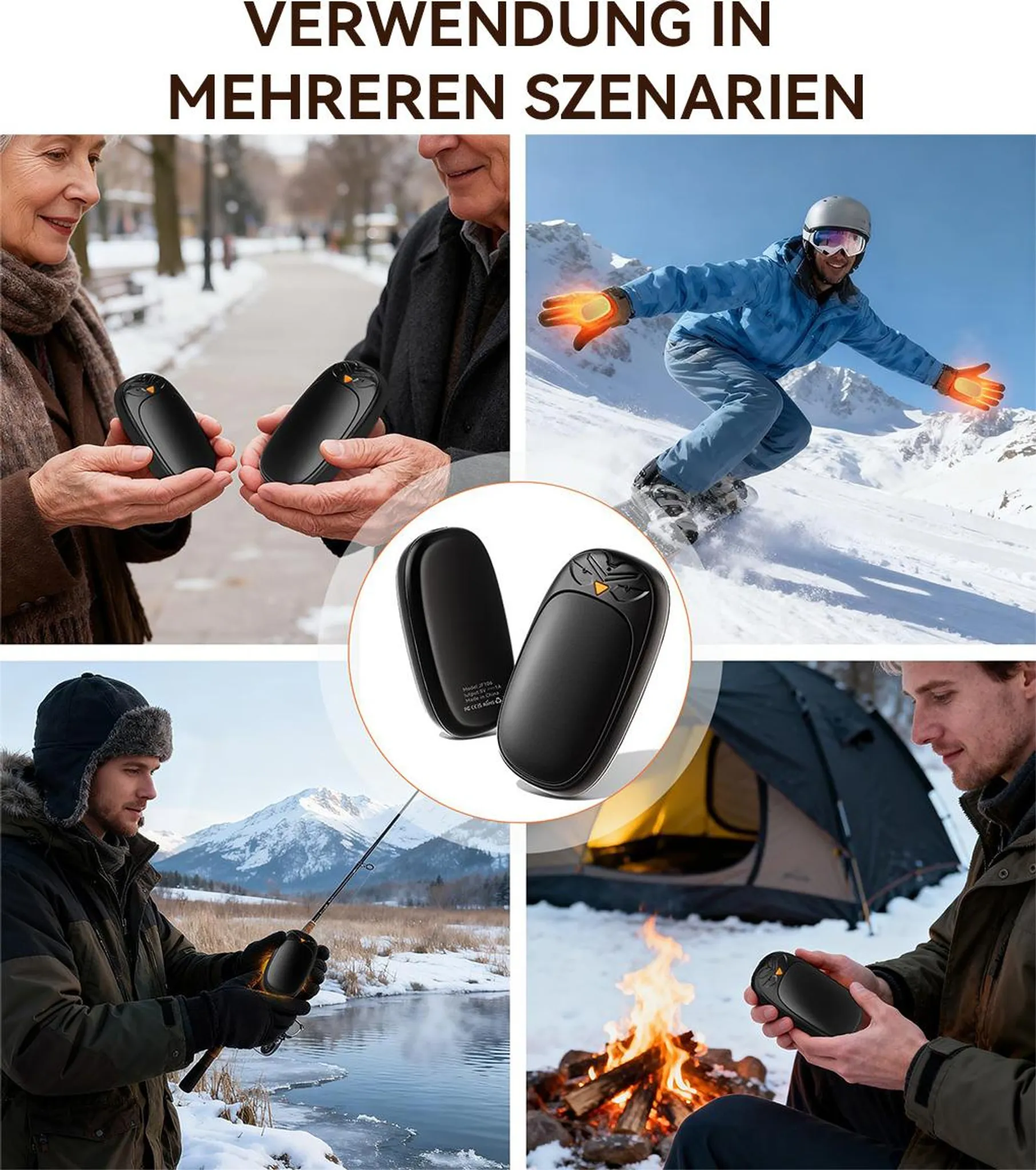 Vier Bilder zeigen Menschen bei Outdoor-Aktivitäten mit schwarzen Handwärmern im Schnee.