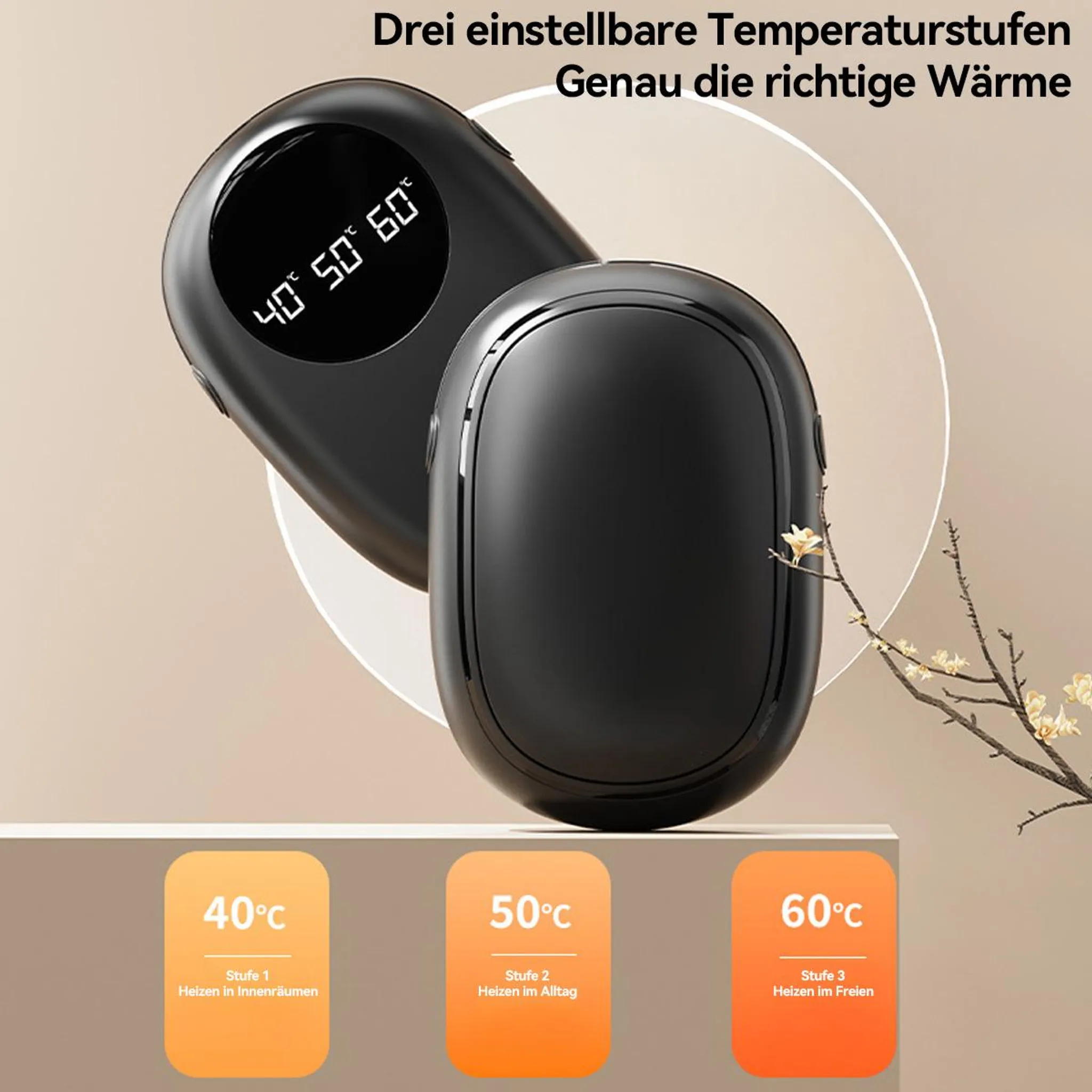 Zwei schwarze Handwärmer vor einem beigen Hintergrund mit drei Temperaturstufen.