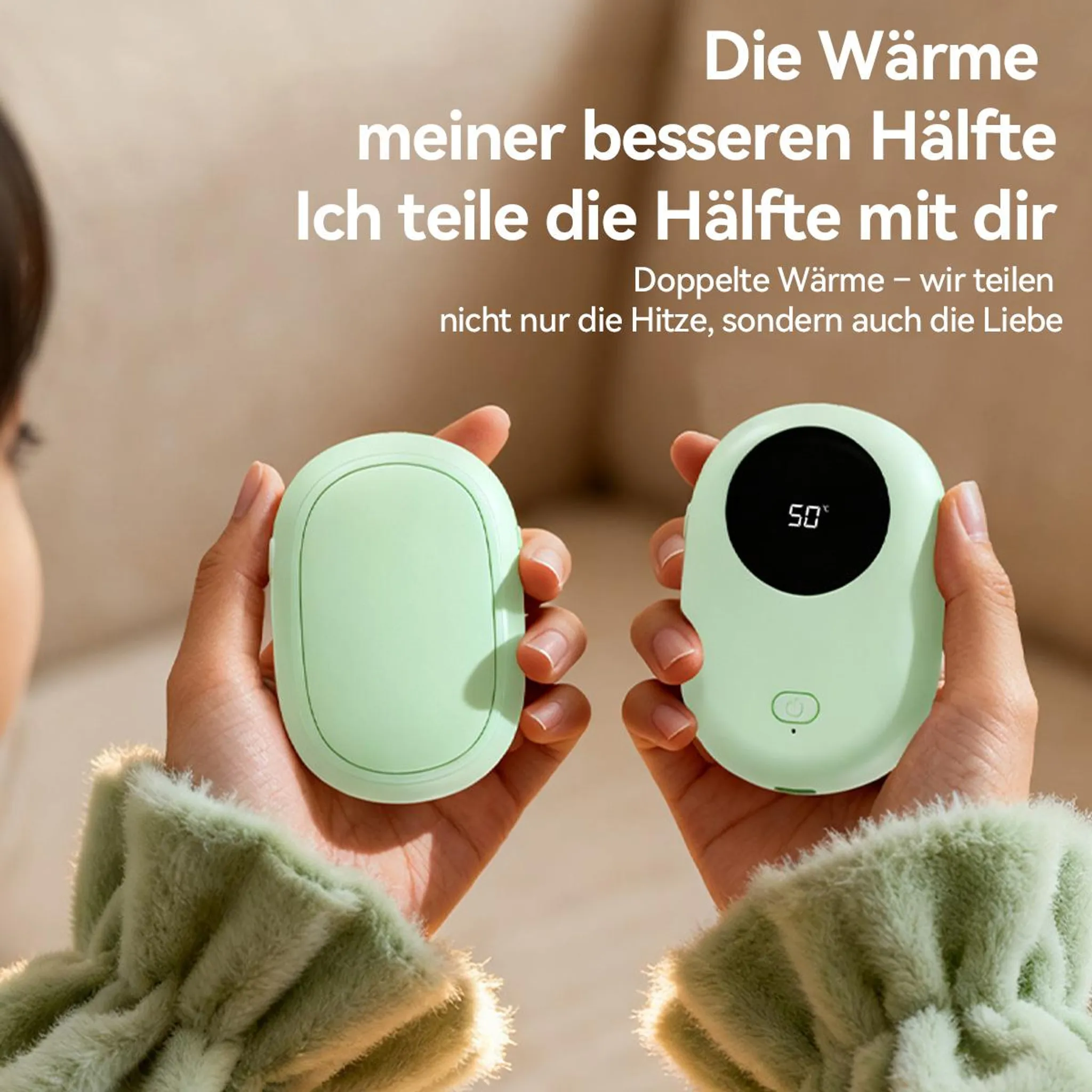Eine Person hält zwei hellgrüne Handwärmer, mit deutschem Text im Bild.