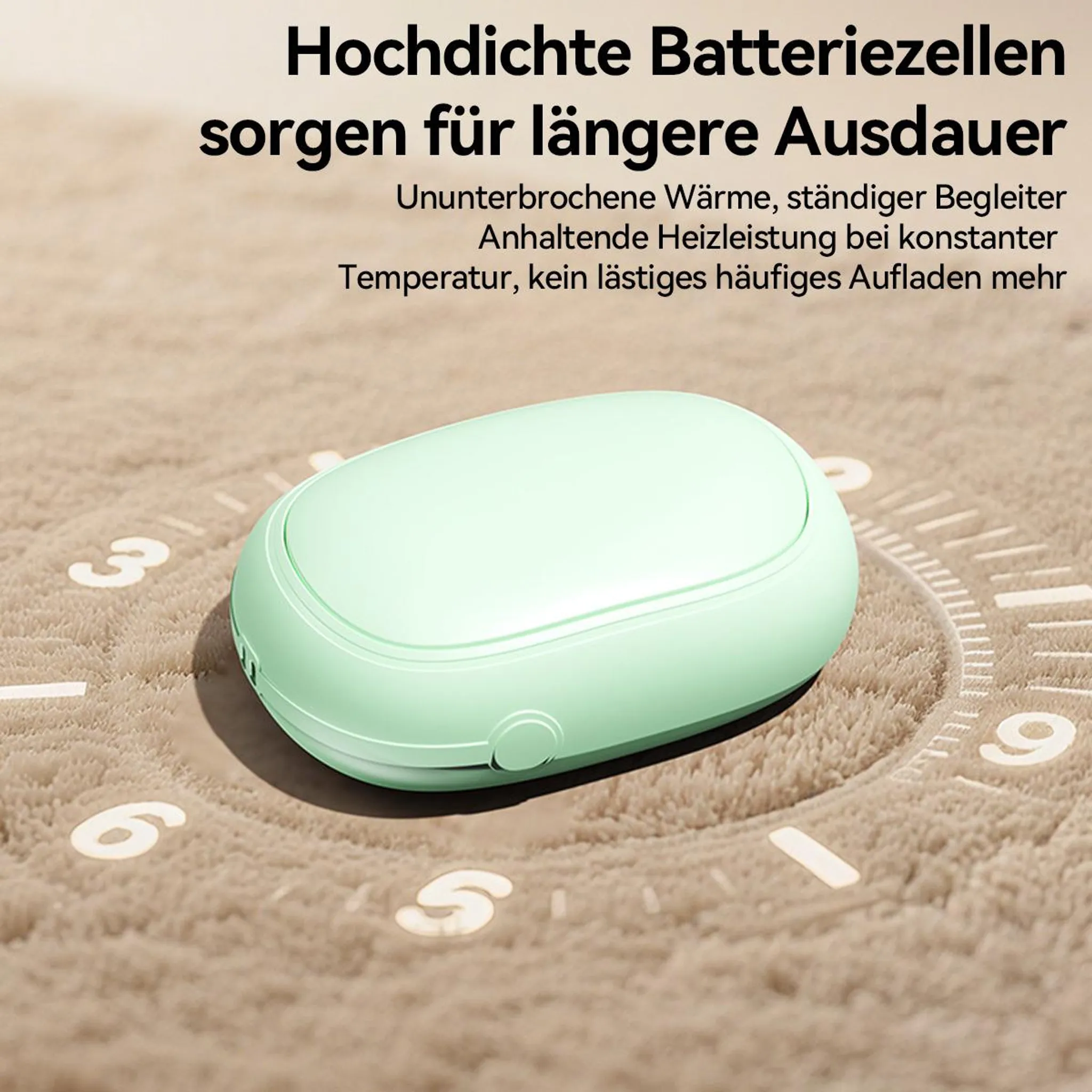 Ein mintgrünes, ovales Gerät liegt auf einem flauschigen Teppich, umgeben von Ziffernblatt-Symbolen. Text auf Deutsch.