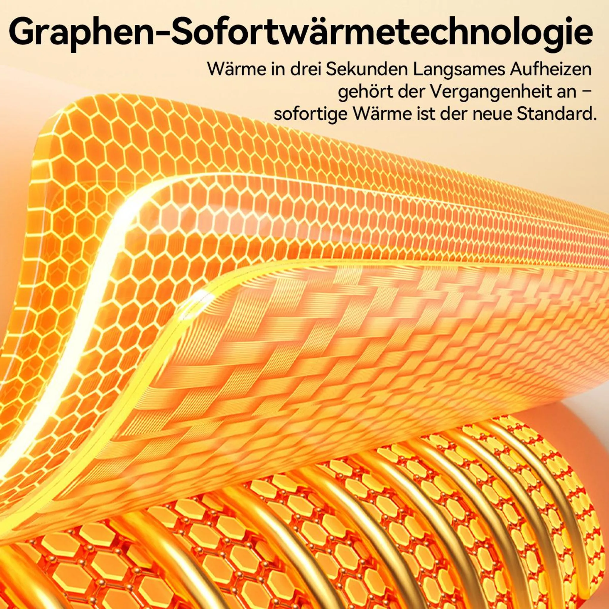 Grafik zeigt Graphen-Sofortwärmetechnologie mit mehrschichtigen orangen Wabenstrukturen und Text.