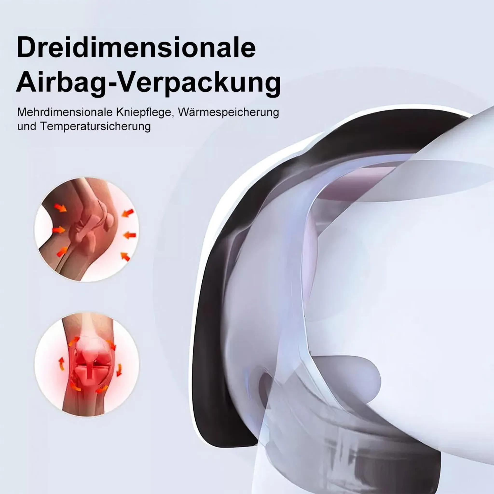 Produktgrafik zeigt Kniepflege mit Airbagsystem und wärmenden Effekten.