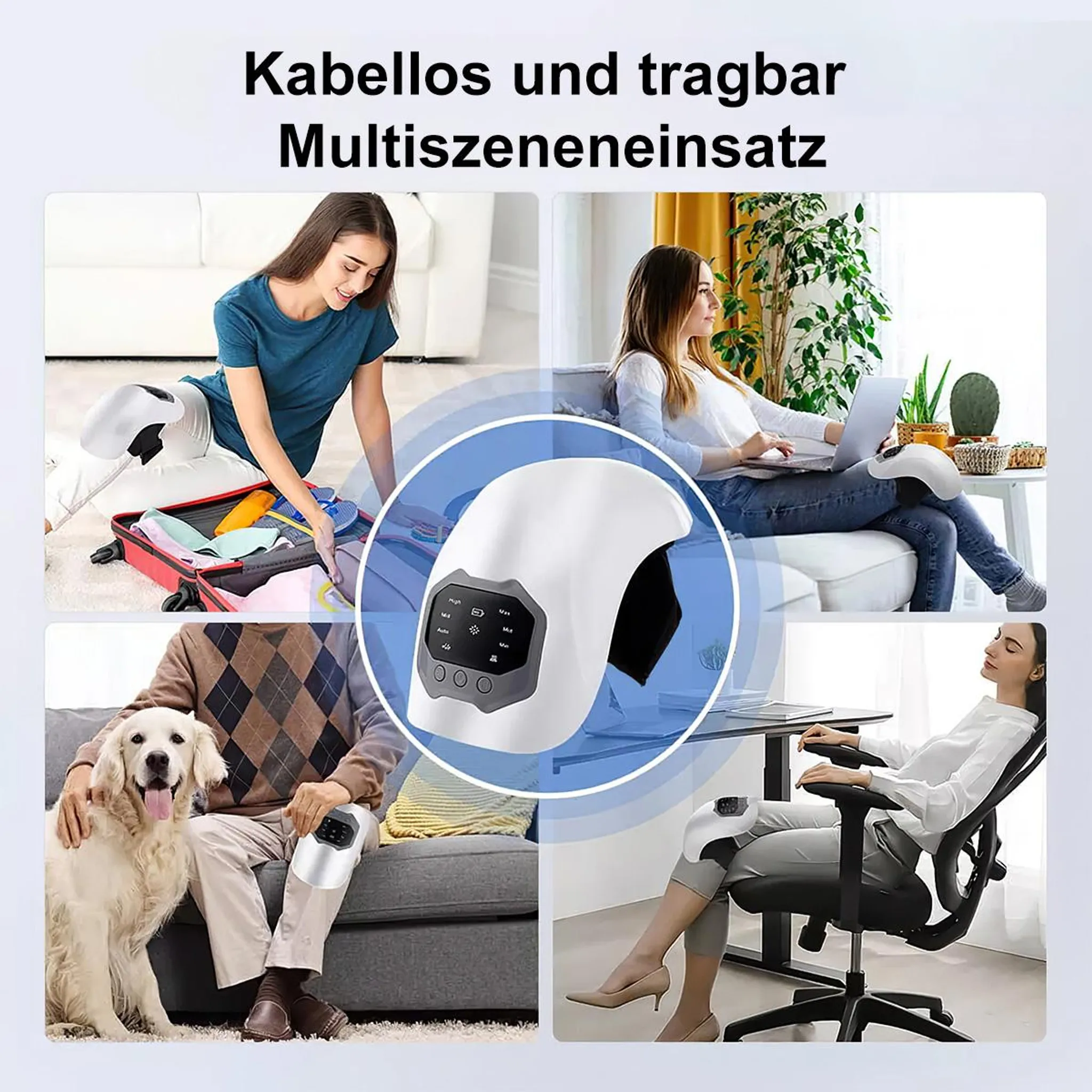Vier Bilder zeigen eine kabellose, tragbare Knie- und Gelenkmassagegerät in verschiedenen Alltagssituationen.