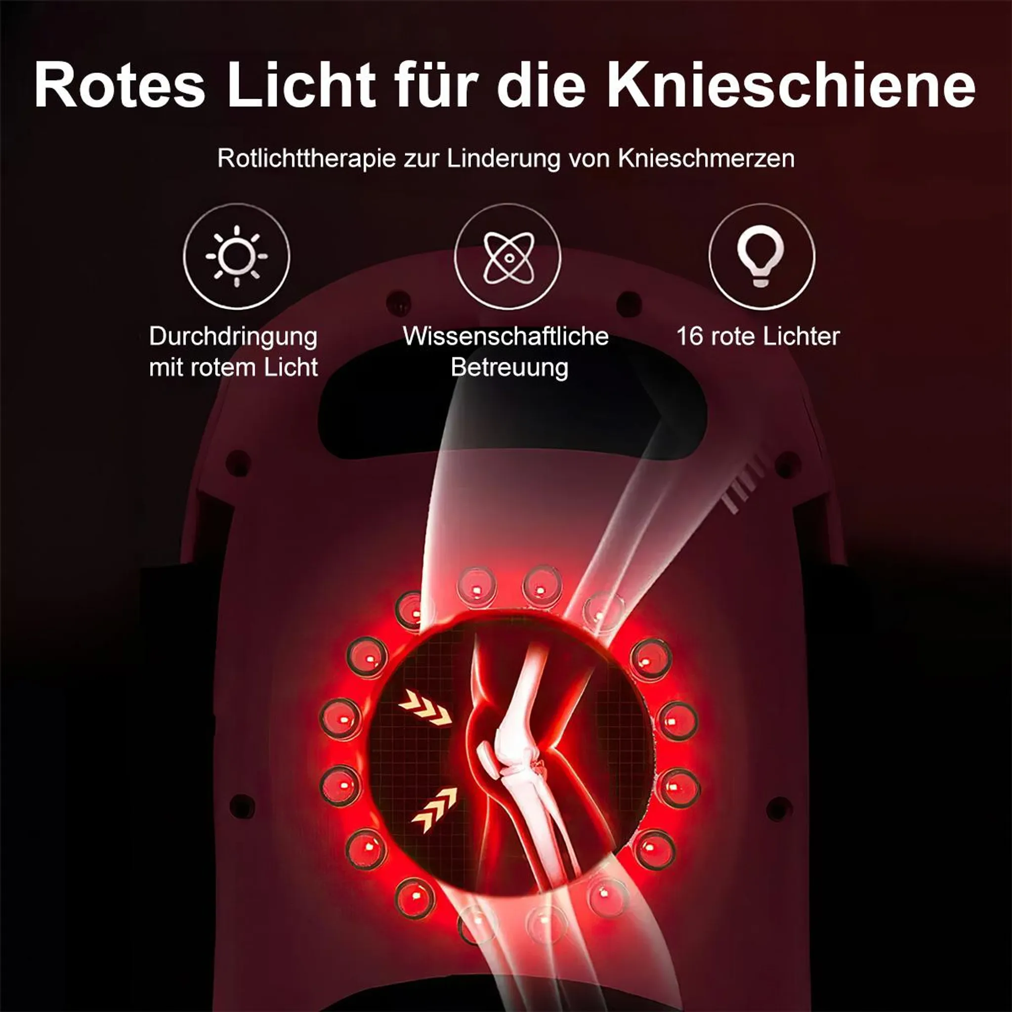 Rotlichttherapie für Knieschiene mit 16 roten Lichtern und Kniegrafik.