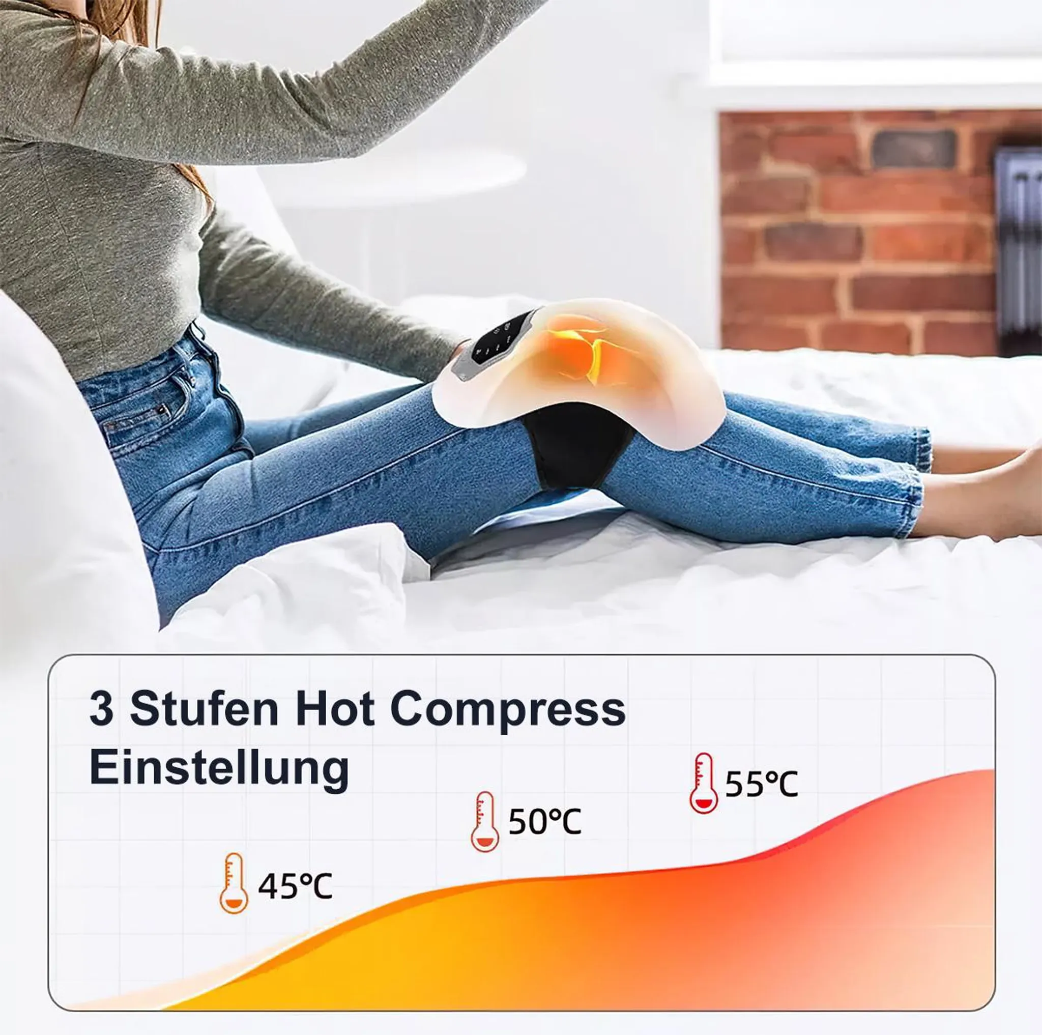 Eine Frau sitzt auf einem Bett mit einem Knie-Wärmegerät. Unten zeigt eine Grafik drei Temperaturstufen: 45°C, 50°C, 55°C.