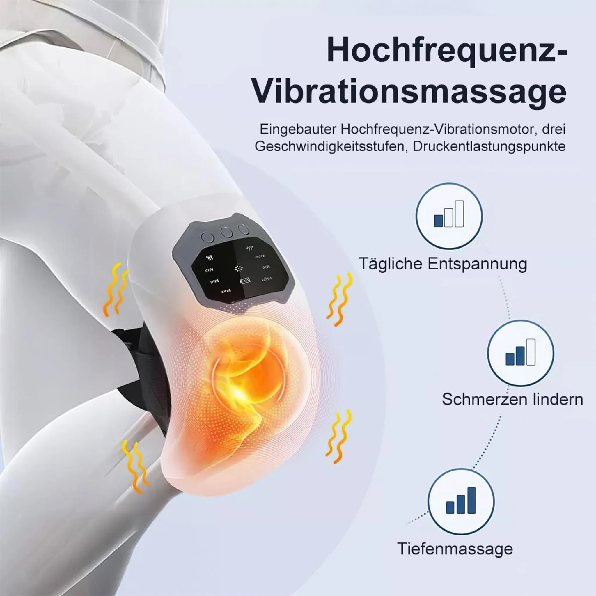 Ein weißes Knie-Massagegerät mit digitalem Display und orangem Wärmeeffekt an einem Bein.