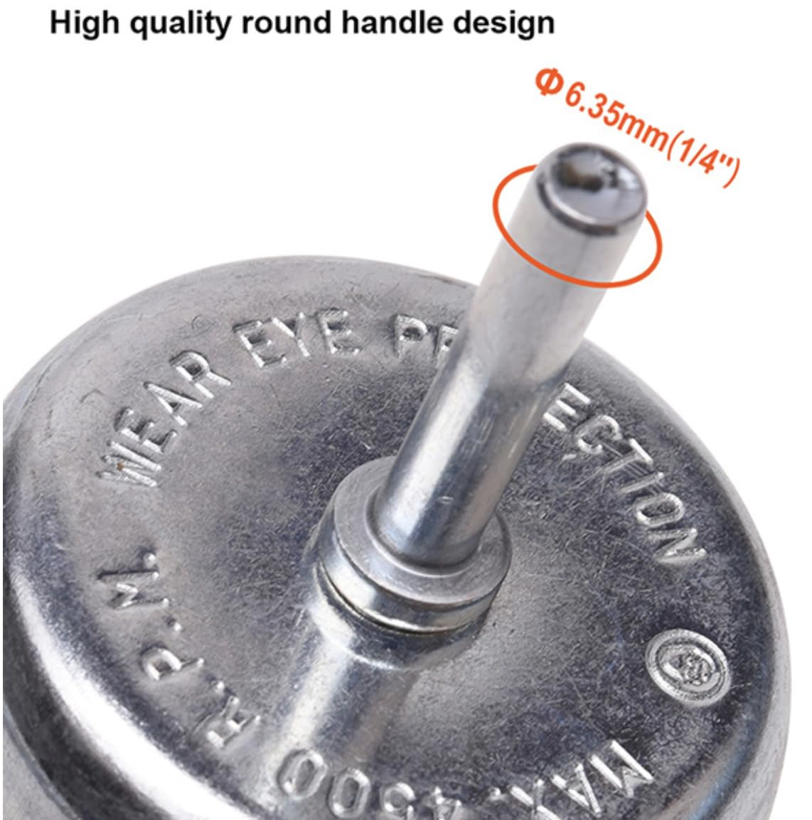 Ein Metall-Werkzeugteil mit 6,35 mm rundem Griff, Gravur und Sicherheitshinweisen.