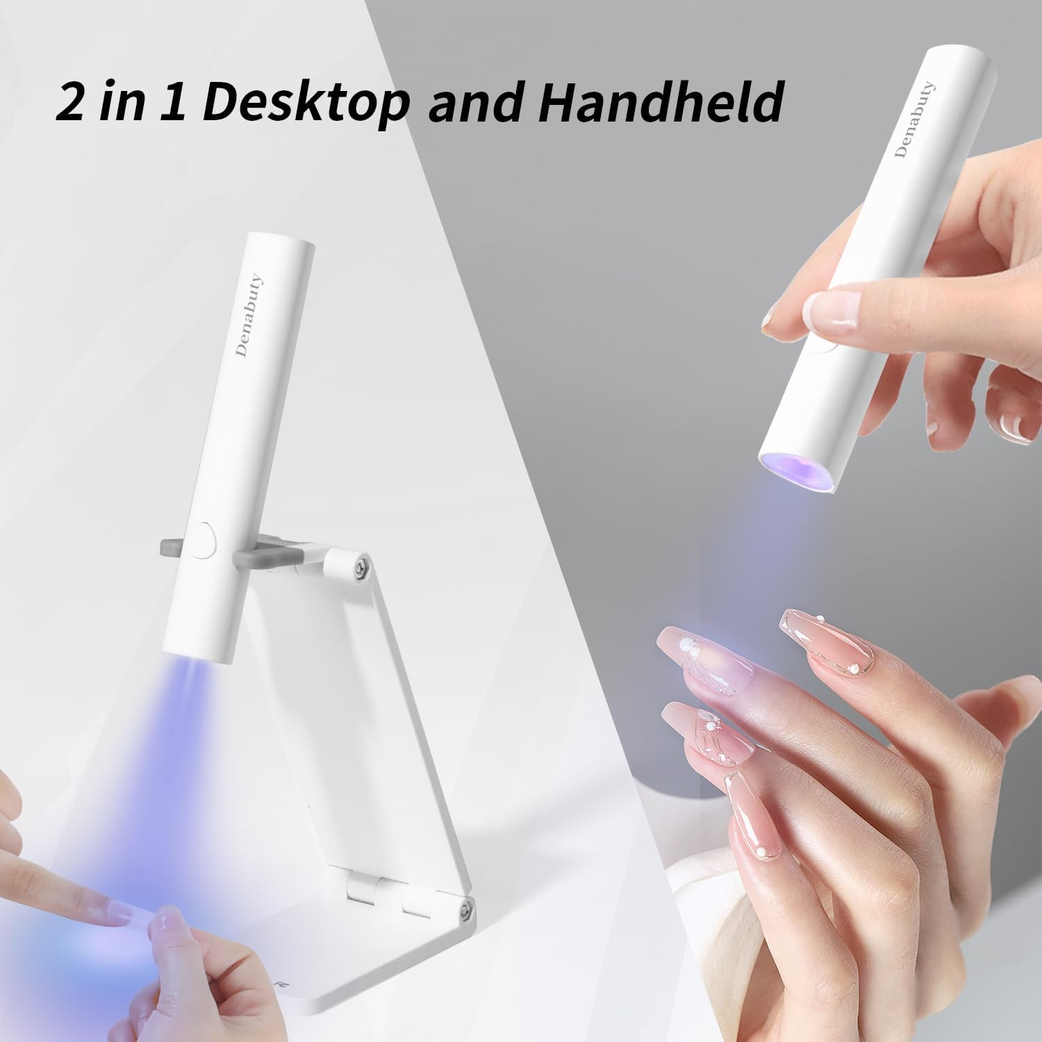 Eine weiße 2-in-1-UV-Nagellampe, nutzbar auf einem Ständer oder in der Hand, beleuchtet Fingernägel.