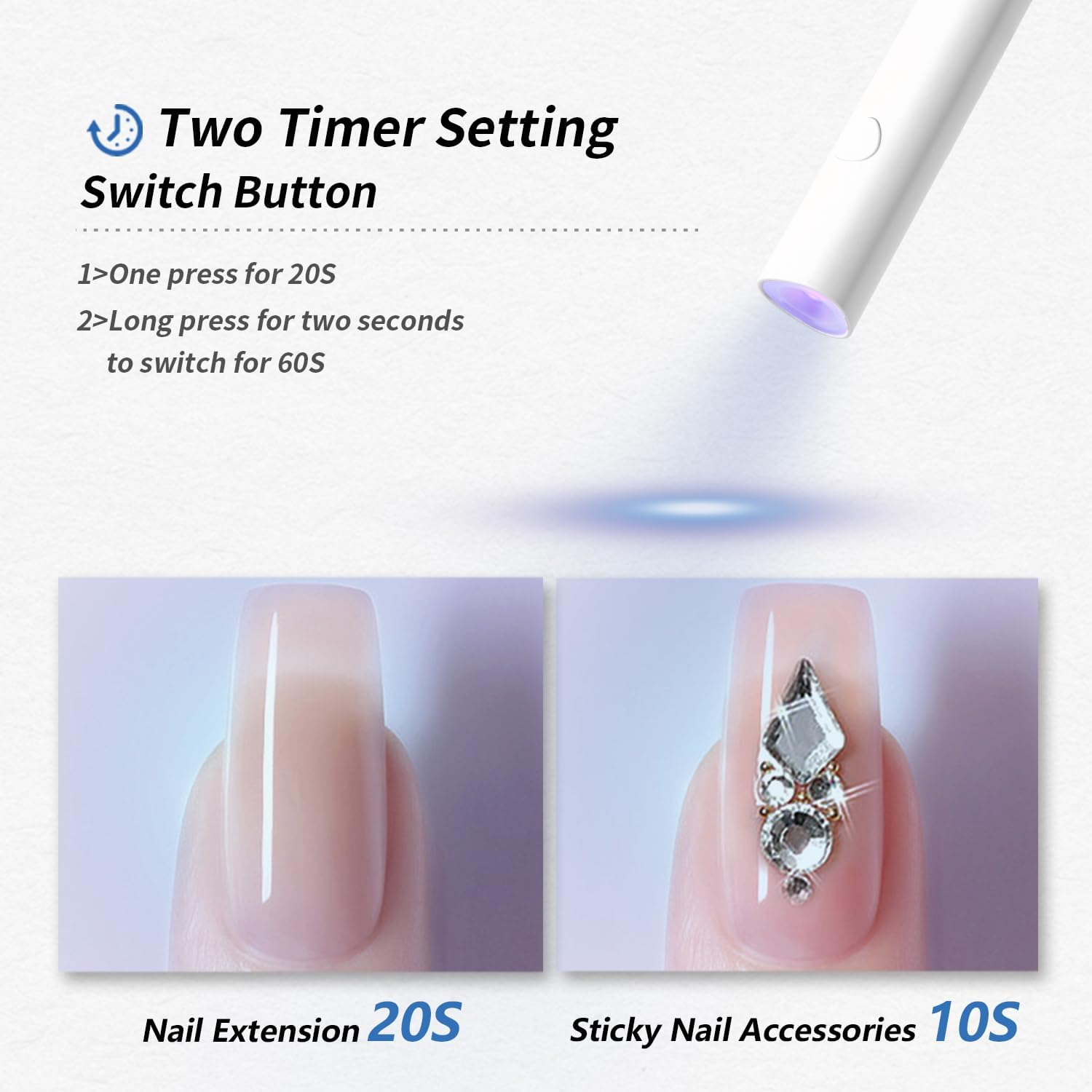 Anleitung für UV-Nagellampe mit zwei Timer-Einstellungen für Nagellackverlängerung und Zubehör.