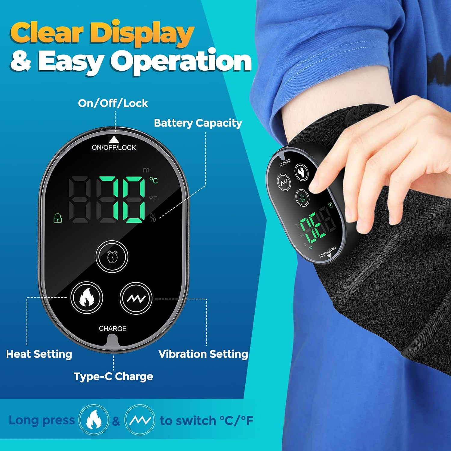 Eine Person trägt eine schwarze Knie- oder Ellenbogenbandage mit digitalem Display für Wärme und Vibration.