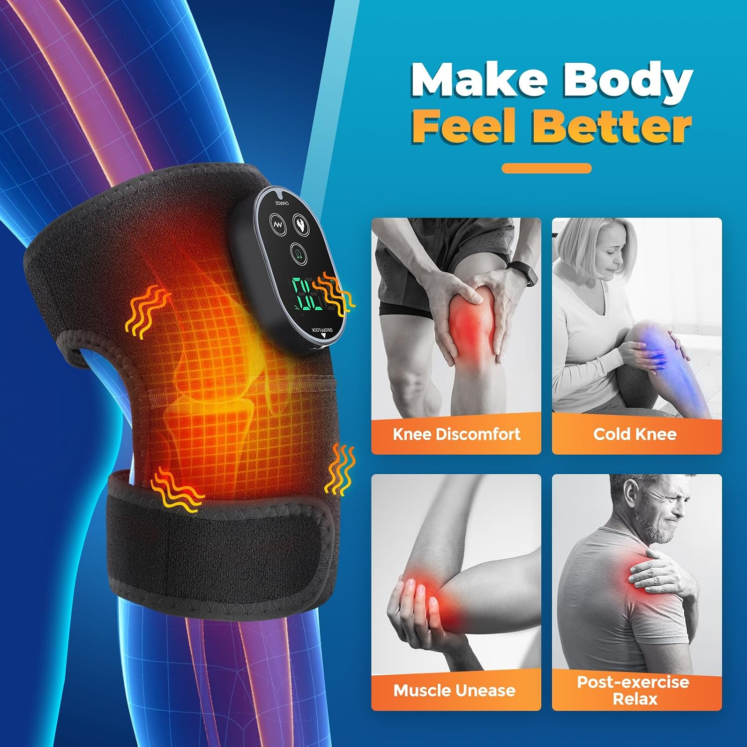 Werbung für Kniebandage mit Wärmetherapie und Fotos zur Behandlung von Knieschmerzen, Kälte, Muskelbeschwerden und Schultern.