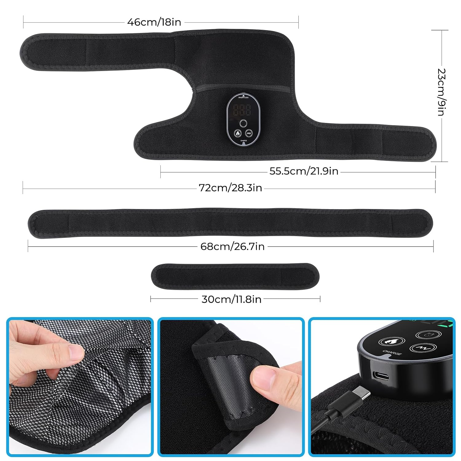 Eine schwarze Kniebandage mit Maßen, Gurten, Mesh-Innenfutter, Klettverschluss und USB-Anschluss.