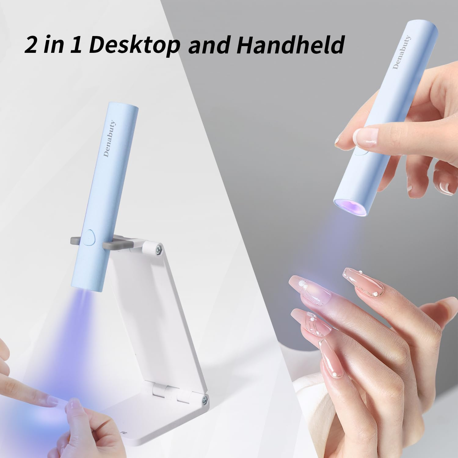 Blaue UV-Nagellampe, nutzbar als Desktop- oder Handgerät, strahlt violettes Licht auf lackierte Nägel.