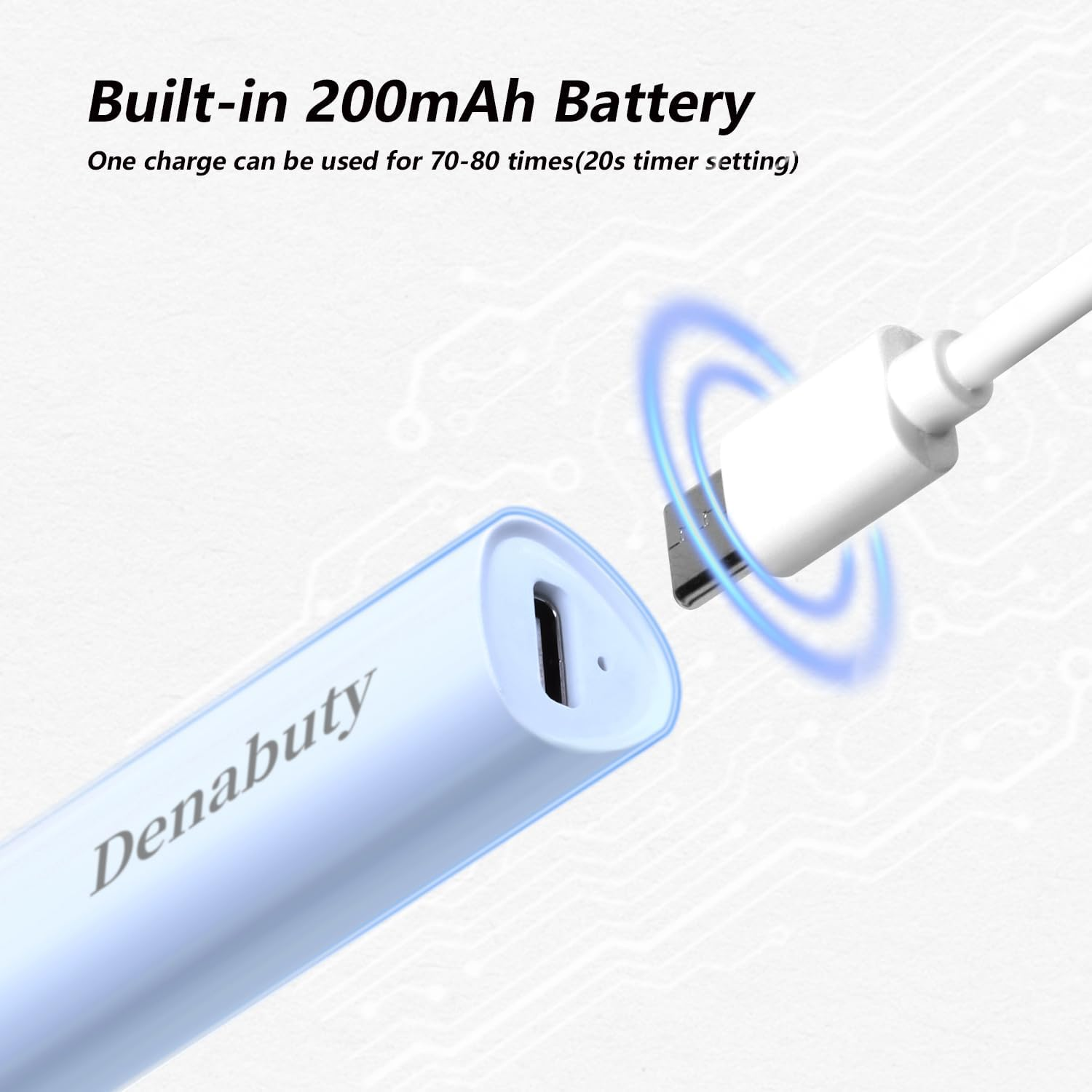 Ein weißes USB-C-Ladekabel verbindet sich mit einem hellblauen Denabuty-Gerät vor einem technischen Hintergrund.