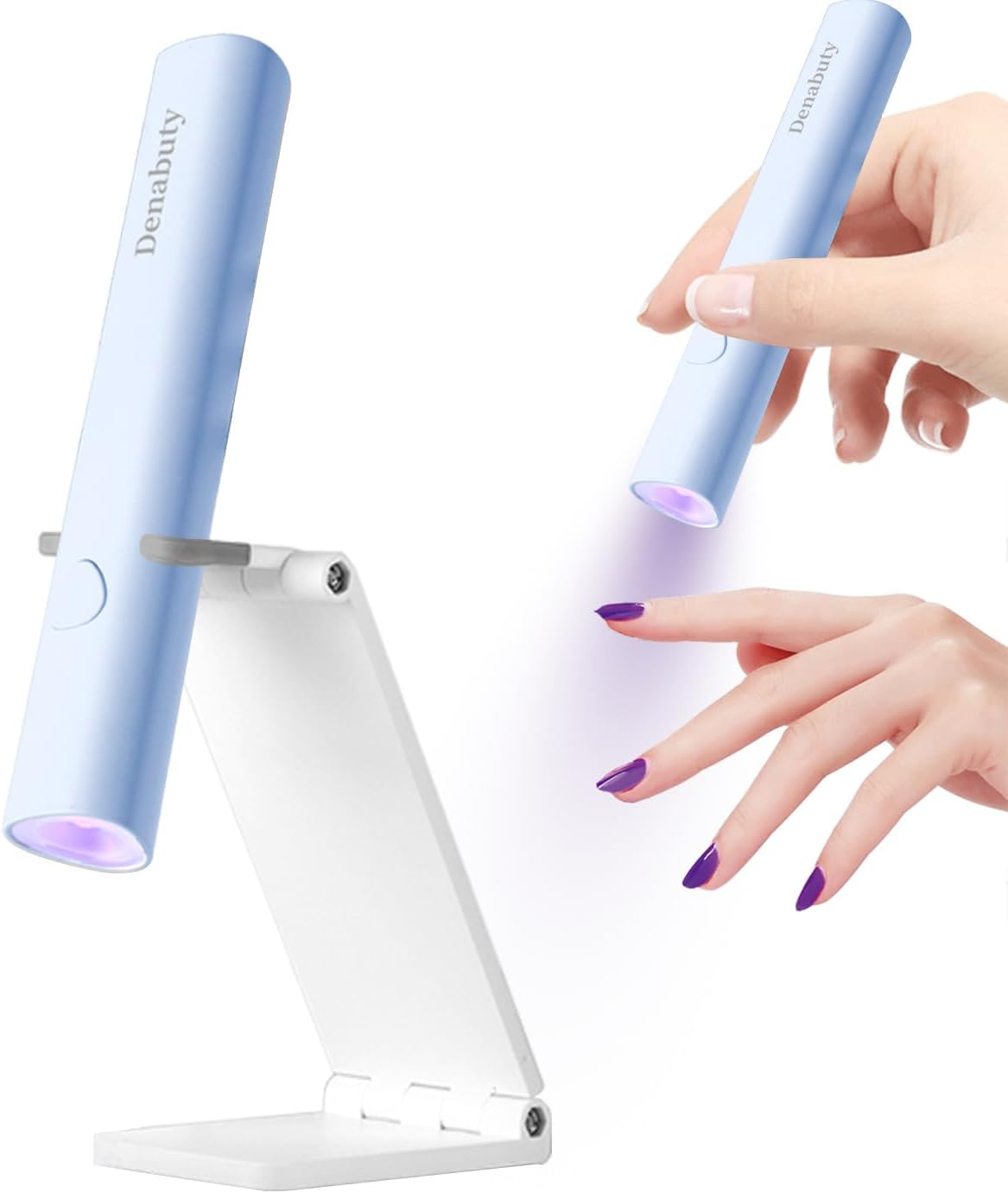 Blaue UV-Nagellampe auf weißem Ständer und in Hand, die Nägel mit lila Lack beleuchtet.