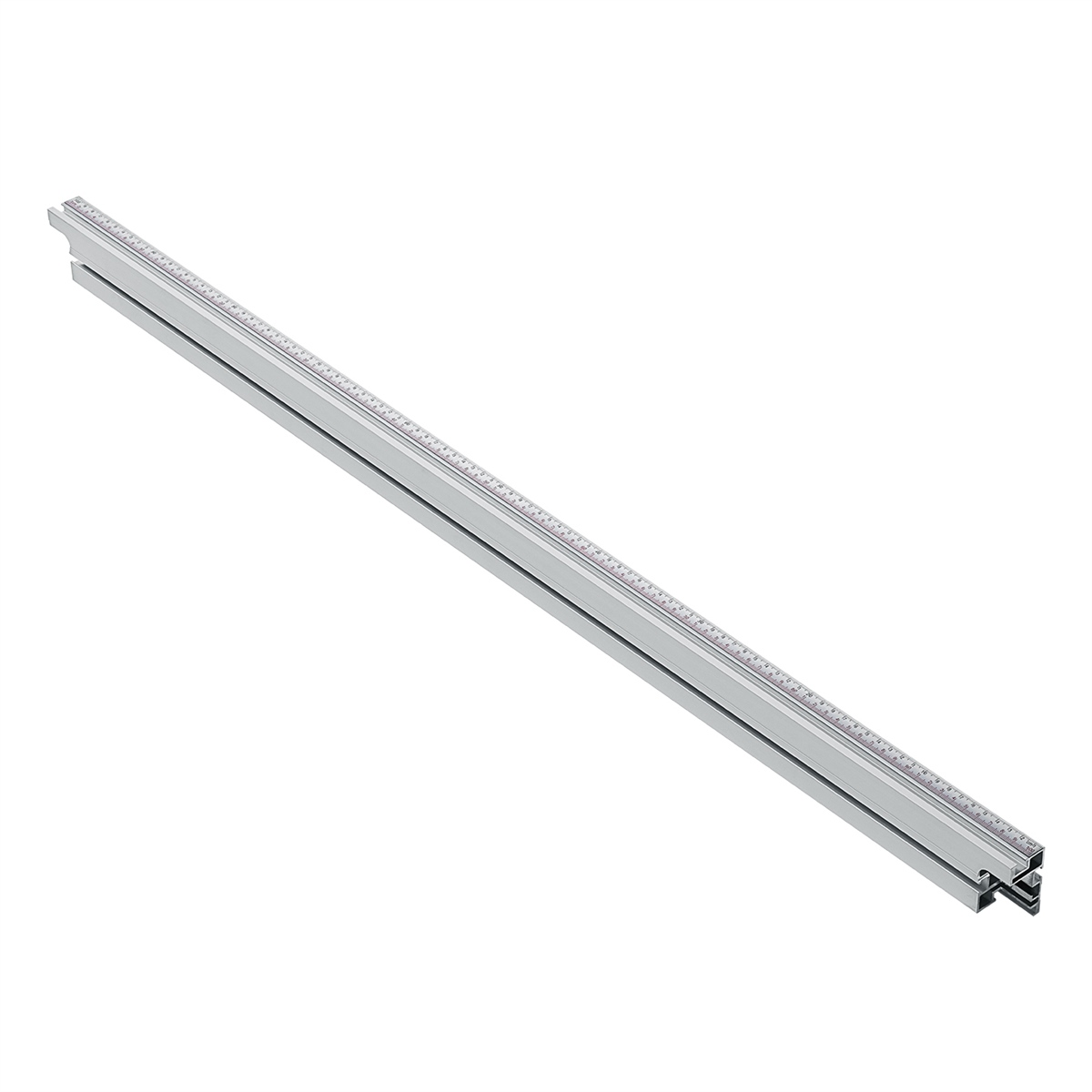 Ein langes, silbernes Metallprofil mit integriertem Maßband auf weißem Hintergrund.