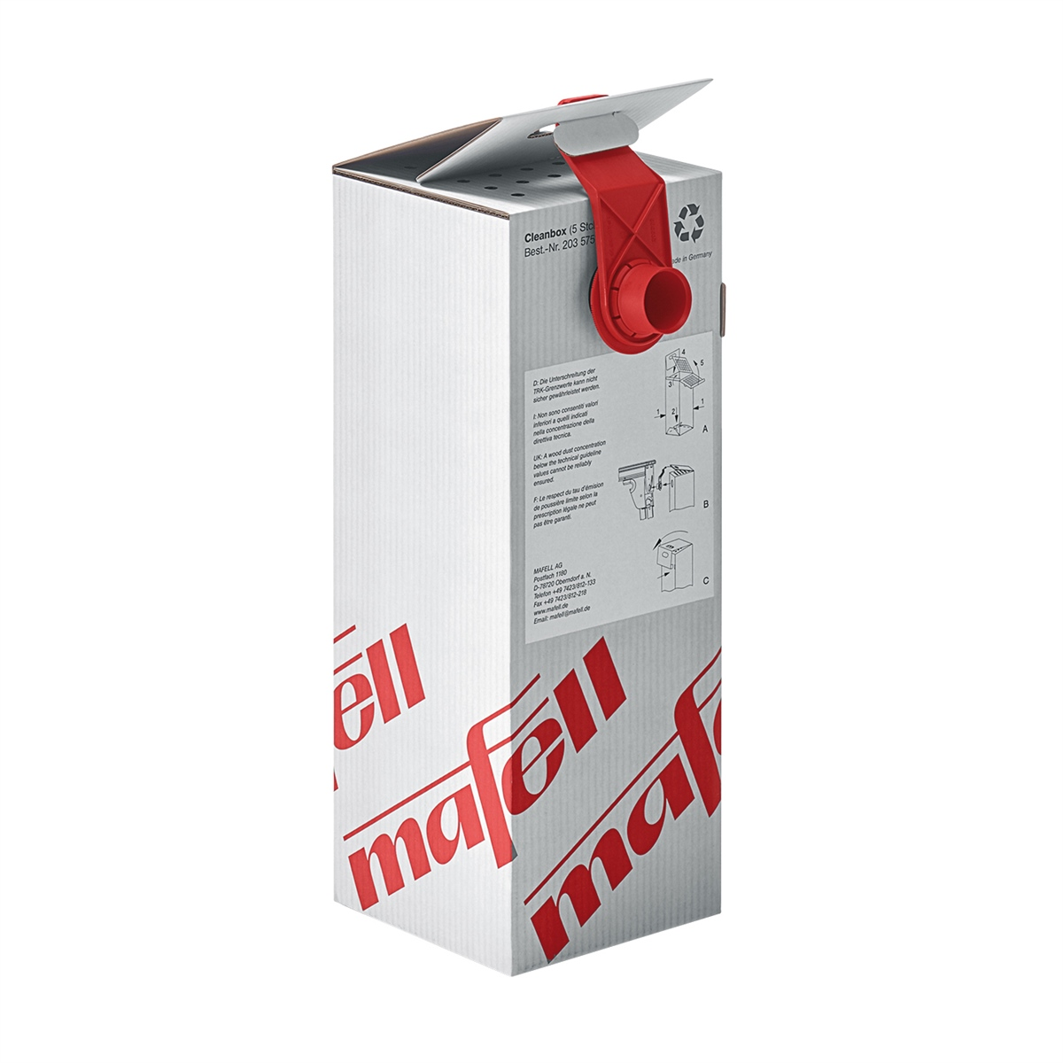 Ein weißer Pappkarton mit rotem Mafell-Logo und einem roten Plastikgriff oben.