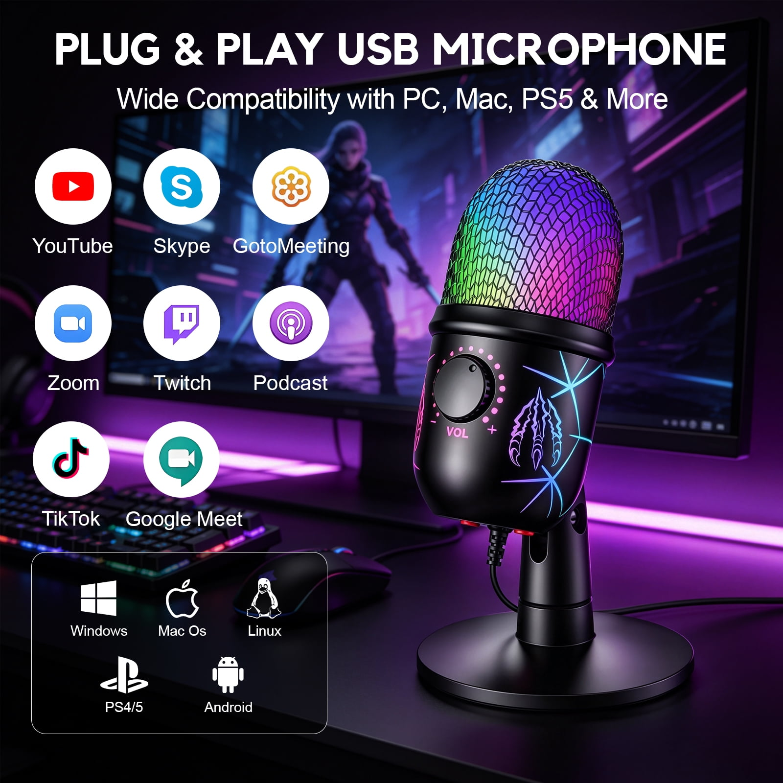 Ein schwarzes RGB-USB-Mikrofon mit leuchtender Oberseite und Lautstärkeregler steht auf einem Schreibtisch mit Gaming-PC.