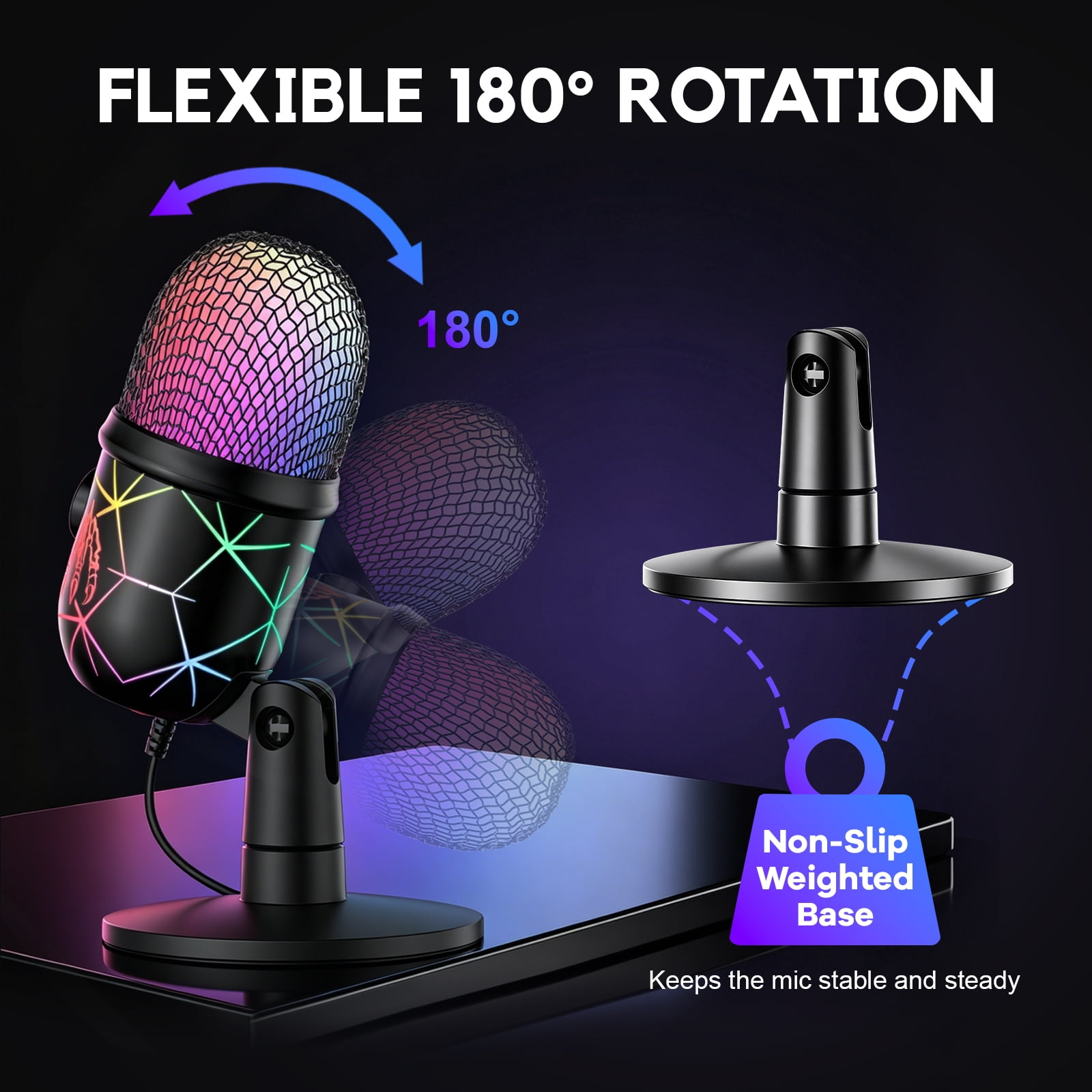 RGB-Gaming-Mikrofon mit 180-Grad-Drehung und rutschfester, gewichteter Basis.