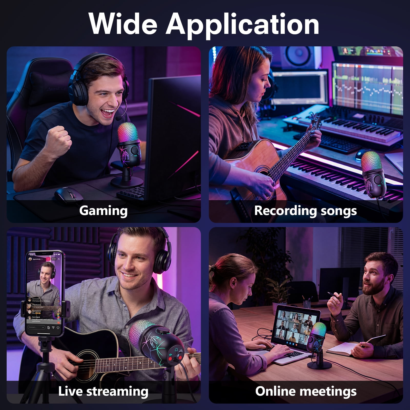 Vier Bilder zeigen ein RGB-Mikrofon bei Gaming, Musikaufnahme, Live-Streaming und Online-Meetings.