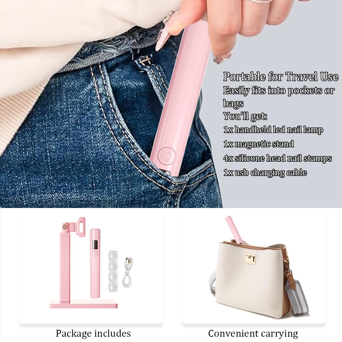 Tragbare rosa Nagellampe mit Ständer, Stempeln und Ladekabel in Jeans-Tasche.