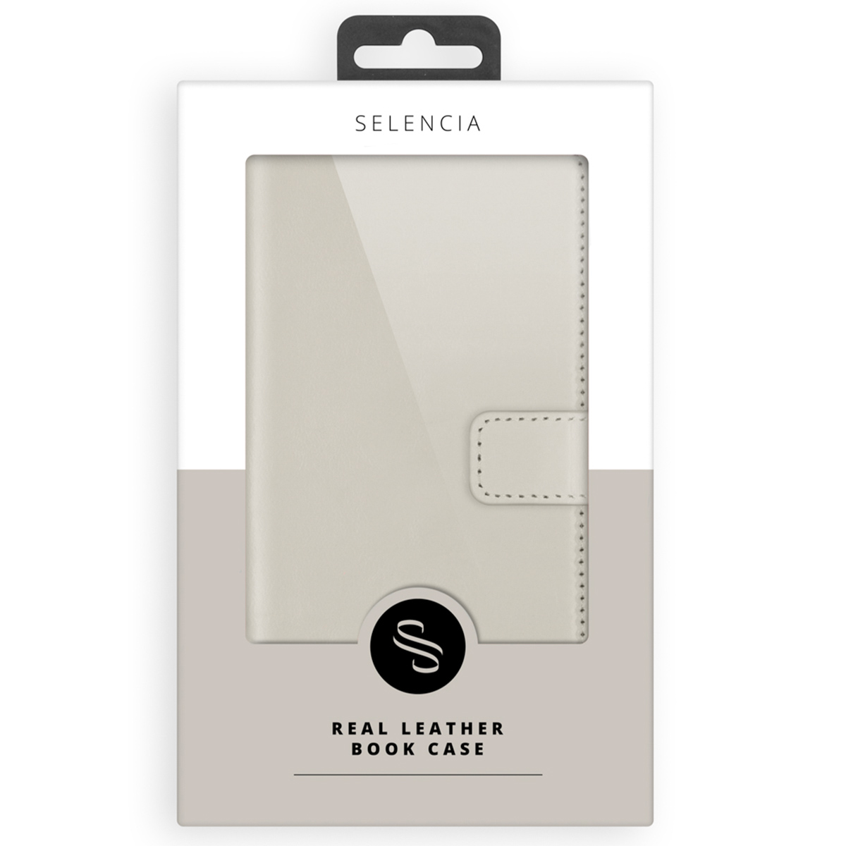 Funda de cuero beige en embalaje blanco con el logotipo de Selencia.