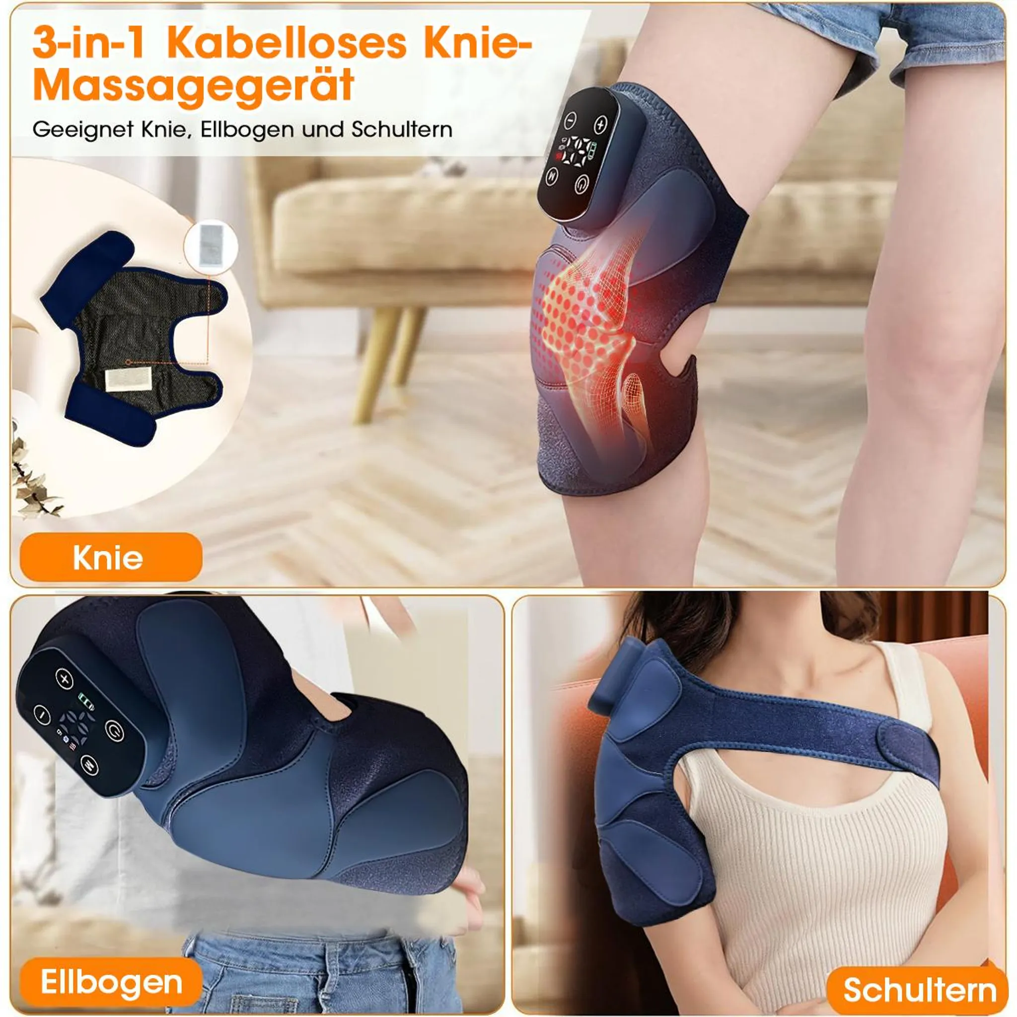 Ein kabelloses 3-in-1-Massagegerät an Knie, Ellenbogen und Schulter.