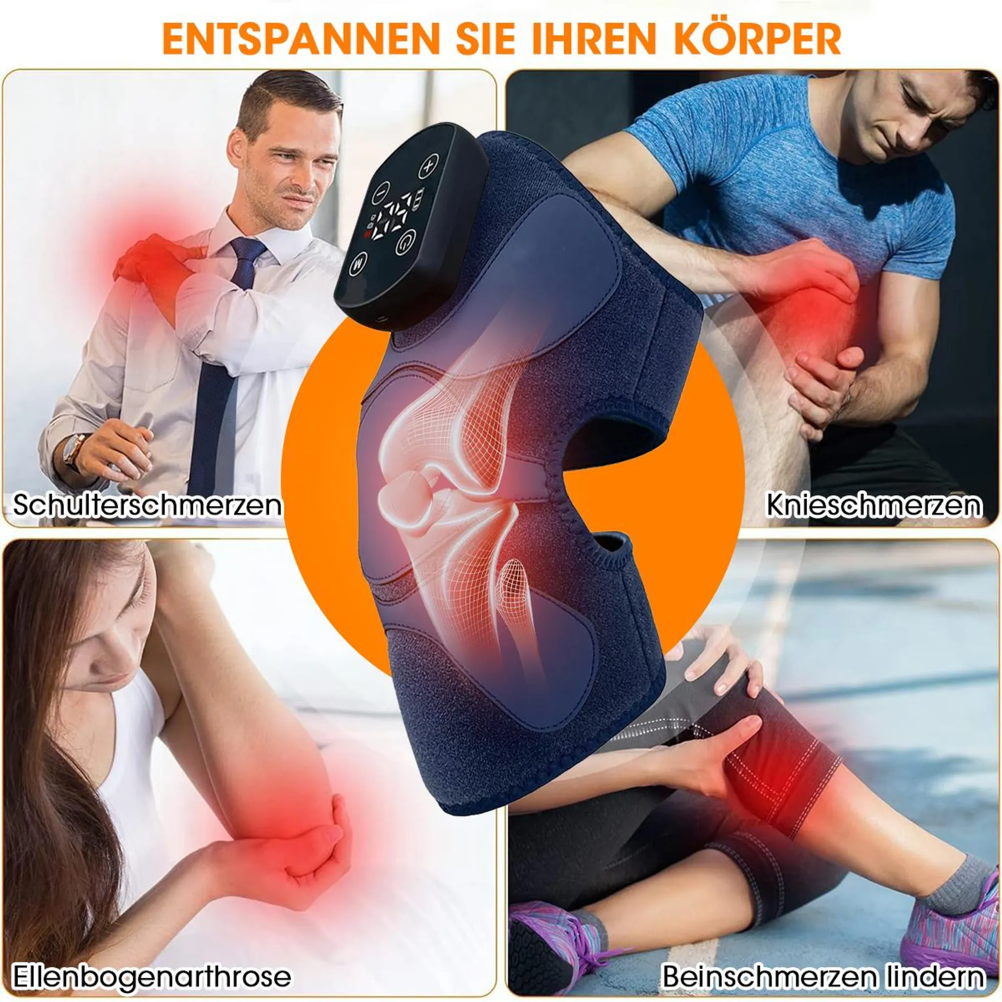 Eine Kniebandage mit Display zeigt Schmerzlinderung an Schulter, Knie, Ellbogen und Bein bei verschiedenen Personen.