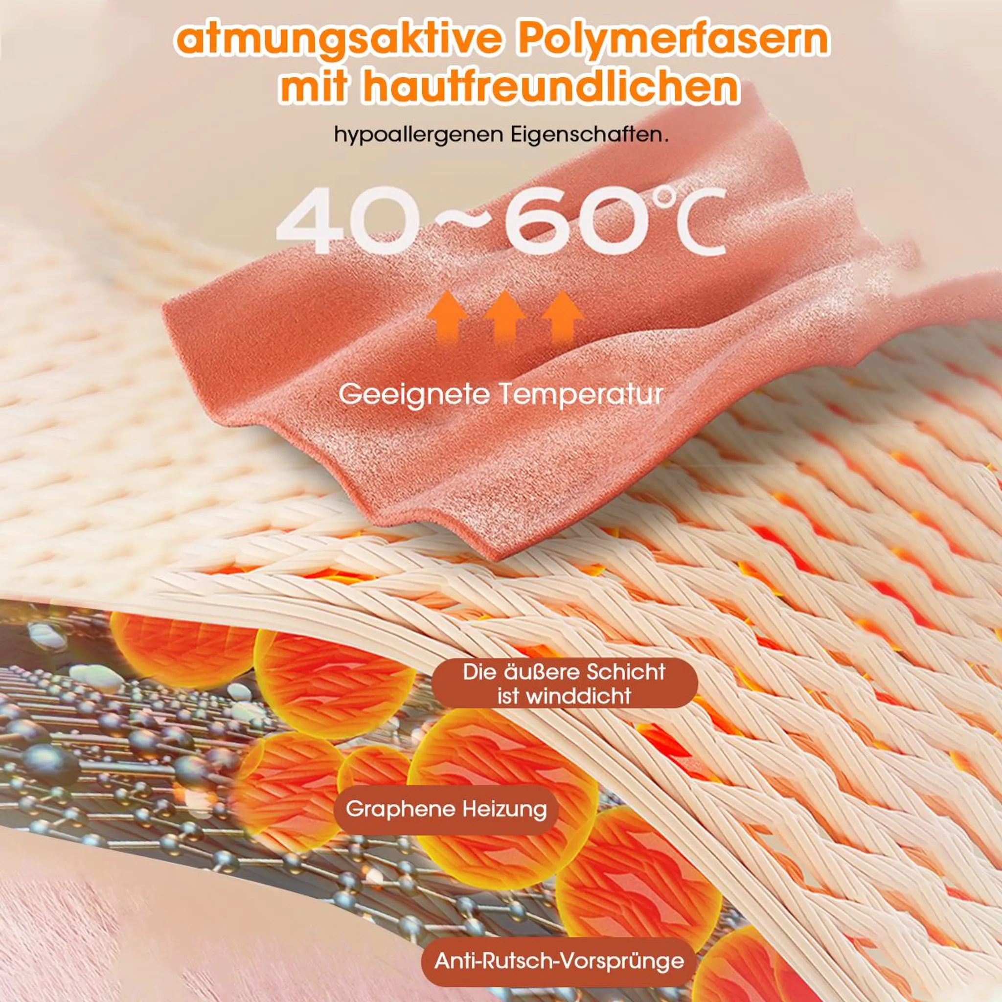 Diagramm zeigt atmungsaktive Polymerfasern mit Graphen-Heizung und winddichter äußerer Schicht.
