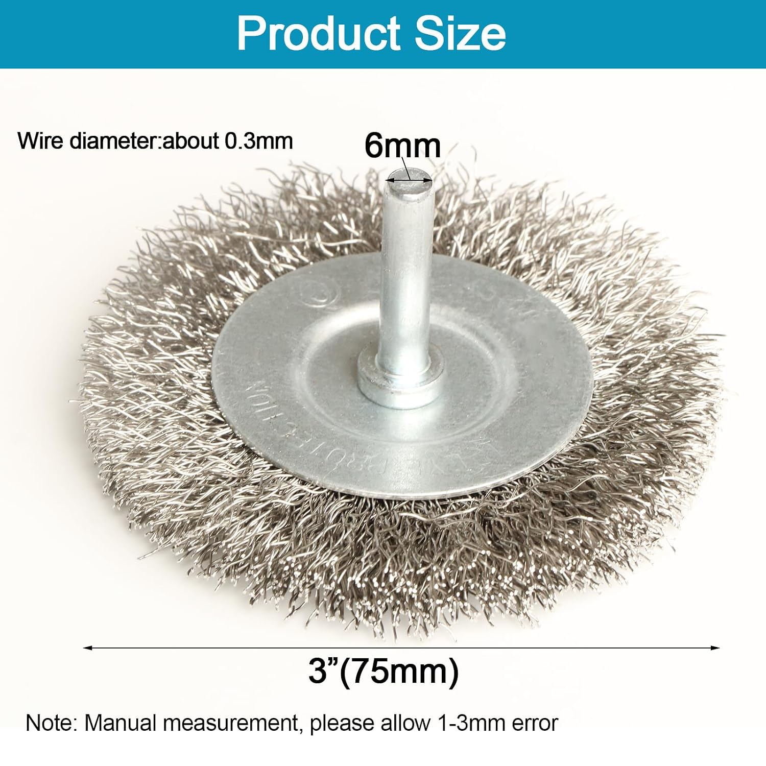Drahtbürstenaufsatz mit 75 mm Durchmesser, 6 mm Schaft und 0,3 mm Drahtstärke.