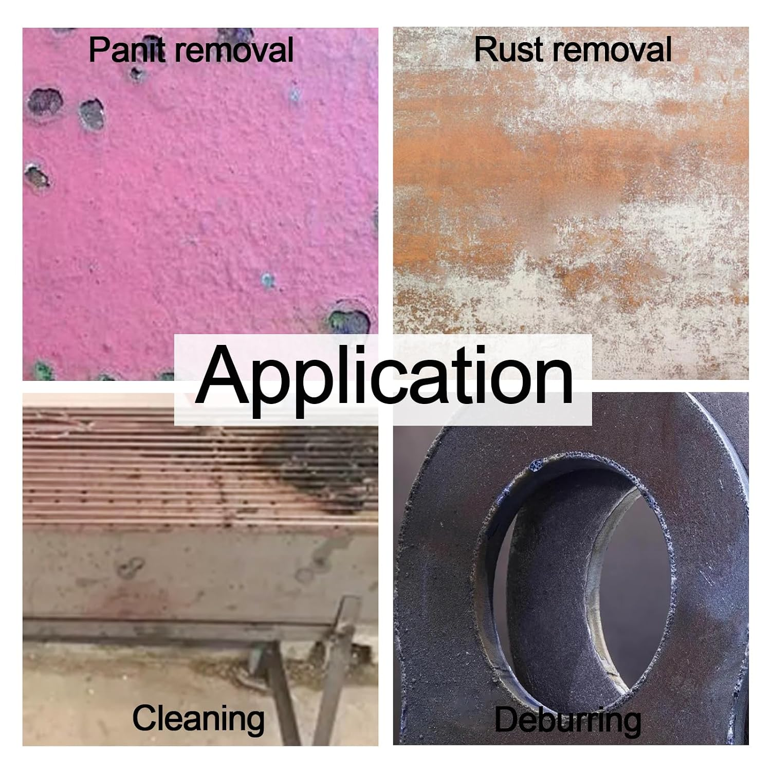 Vier Felder zeigen Laseranwendungen: Farbentfernung, Rostentfernung, Reinigung und Entgraten von Metall.