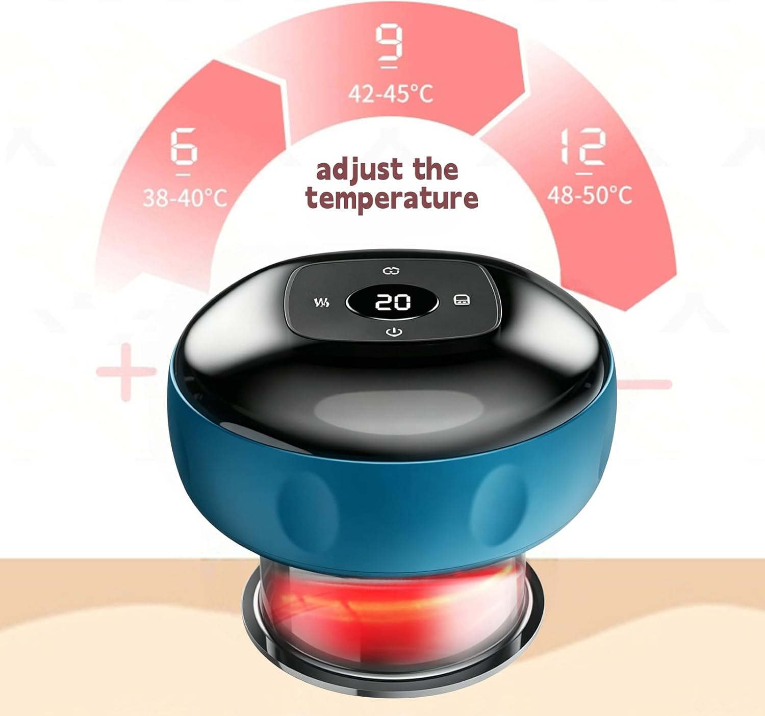 Ein blau-schwarzes Schöpfgerät mit einstellbarer Temperatur, Digitalanzeige und roter Lichtbasis.