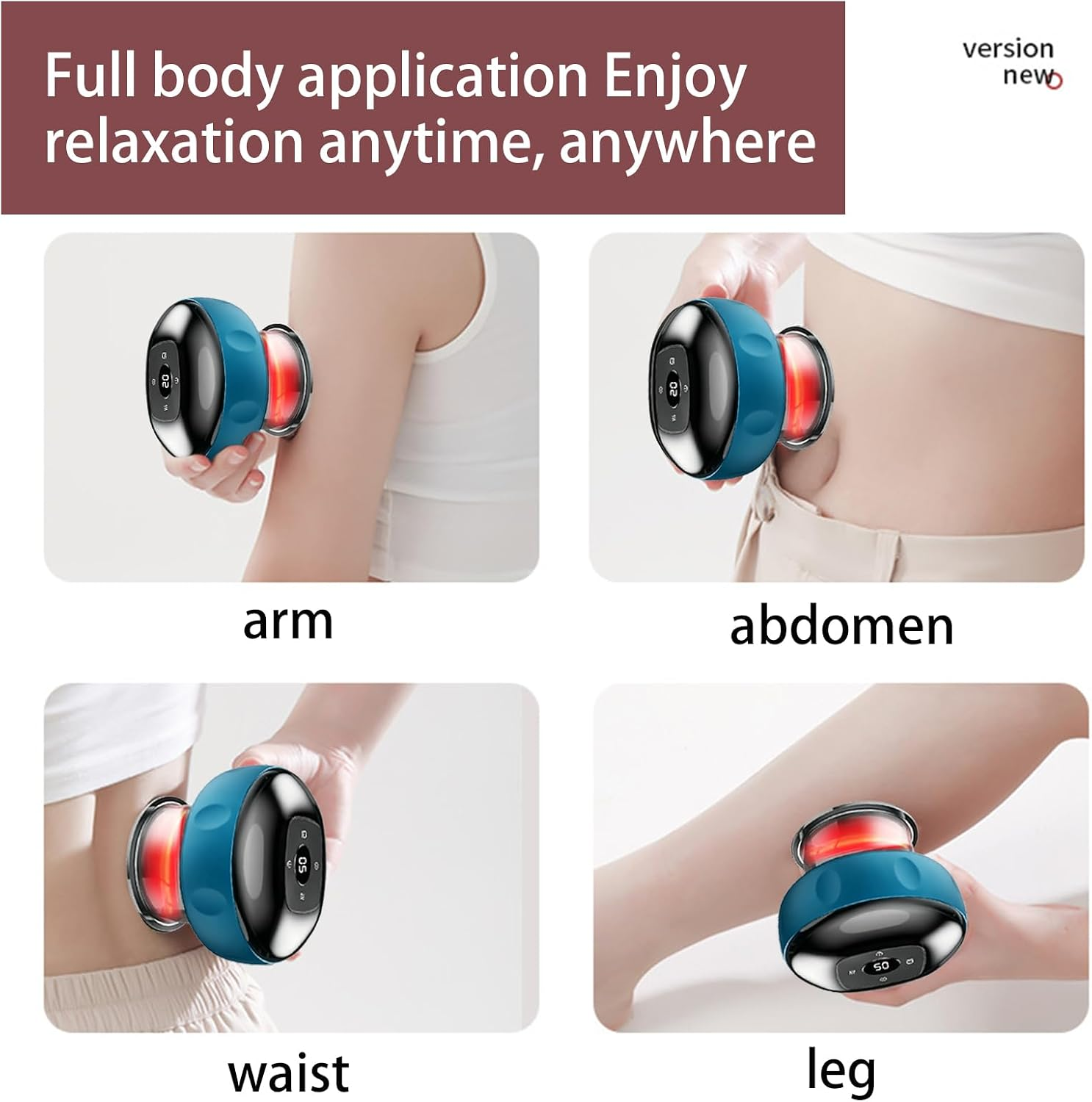 Vier Bilder zeigen ein blau-schwarzes Massagegerät an Arm, Bauch, Taille und Bein.
