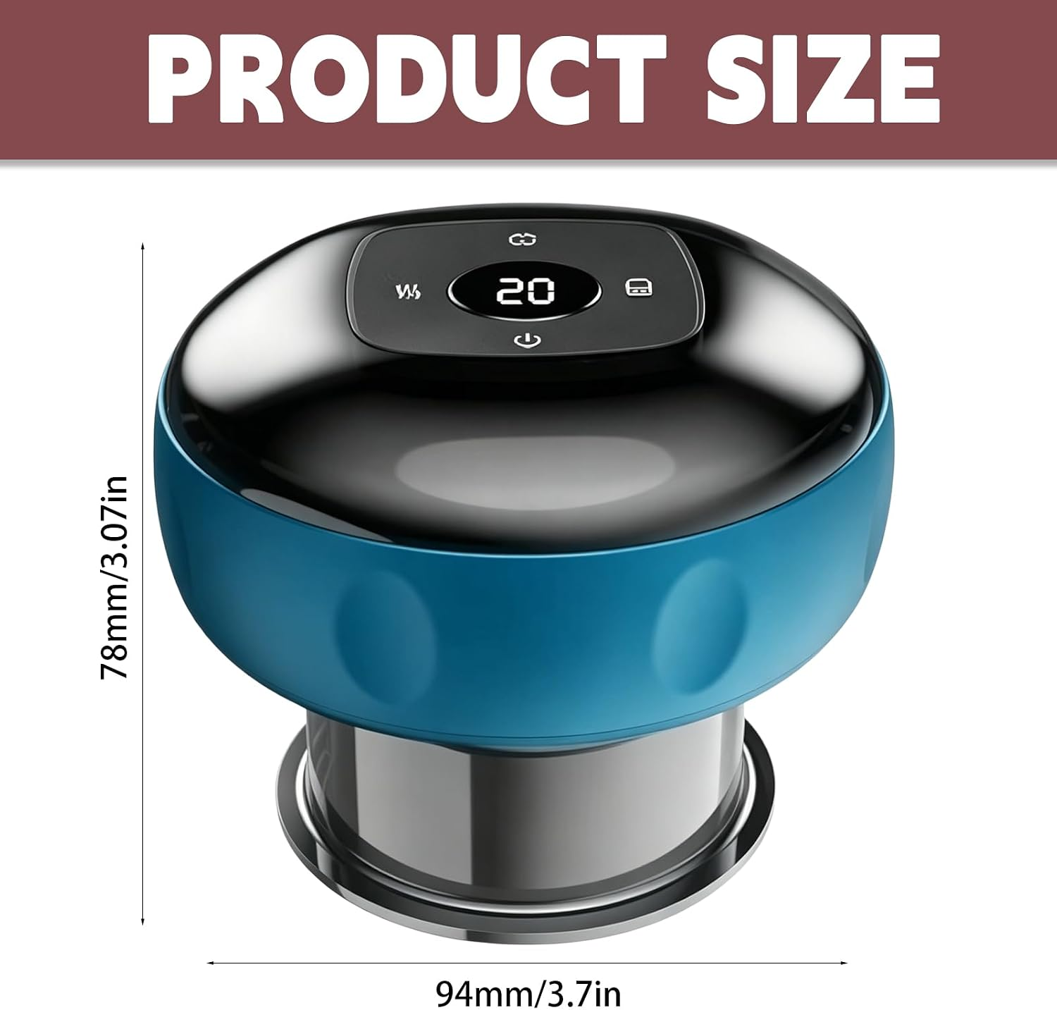Ein blau-schwarzes Gerät mit Maßen: Höhe 78mm/3,07in, Breite 94mm/3,7in.