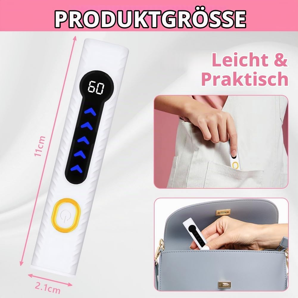 Weißes Handgerät, 11x2,1 cm groß, passt in Tasche und Handtasche.