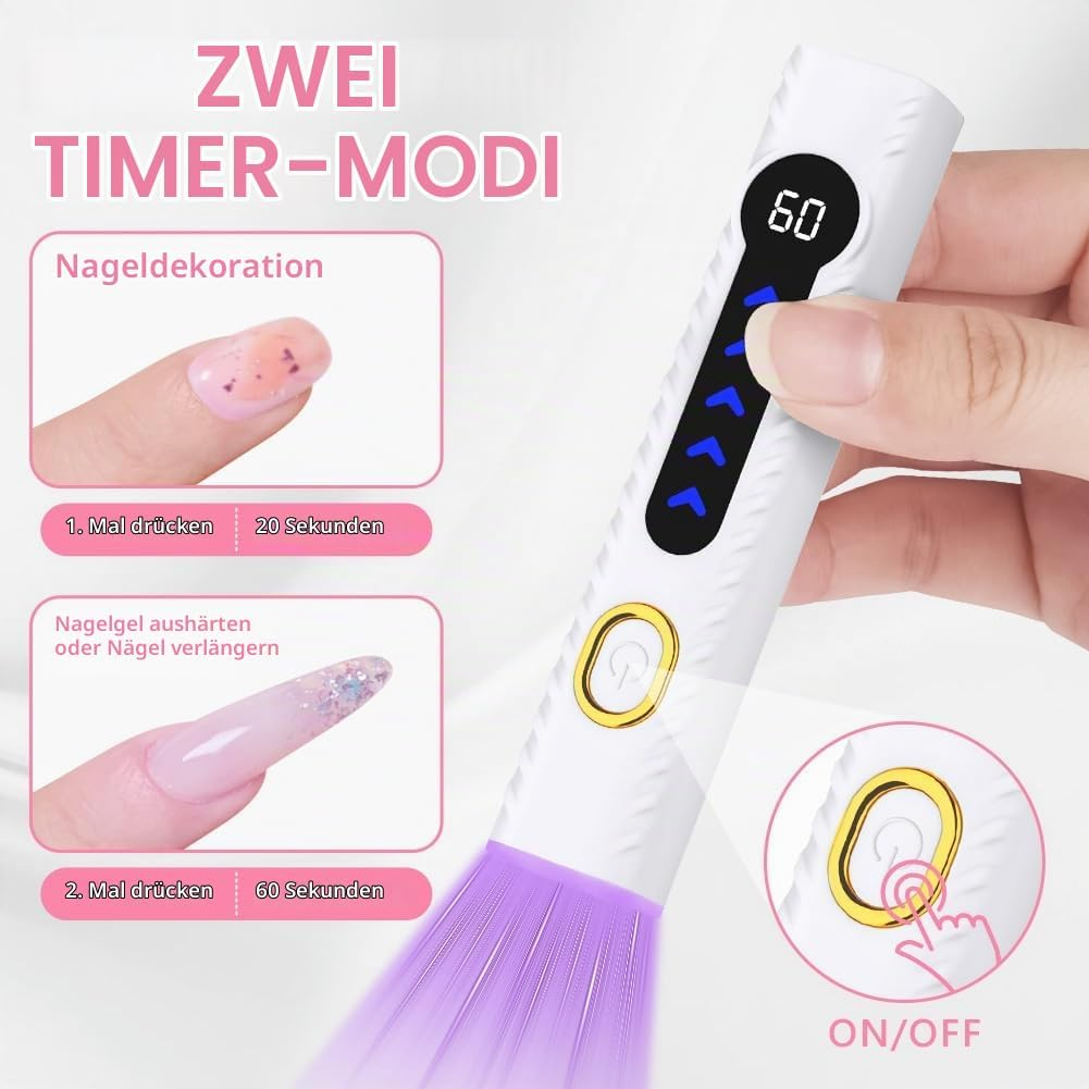 Hand hält eine weiße UV-Nagellampe mit zwei Timer-Modi für die Maniküre.