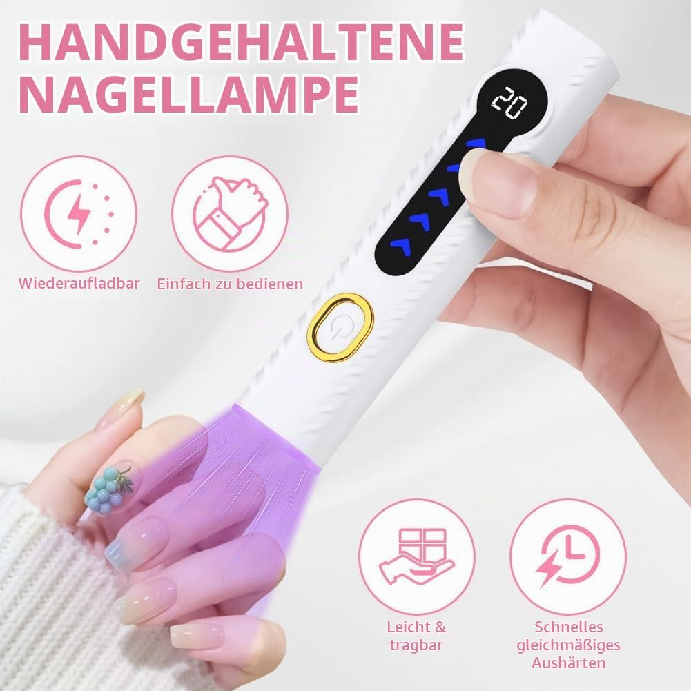 Handgehaltene Nagellampe in Weiß mit violettem UV-Licht und deutscher Produktbeschreibung.