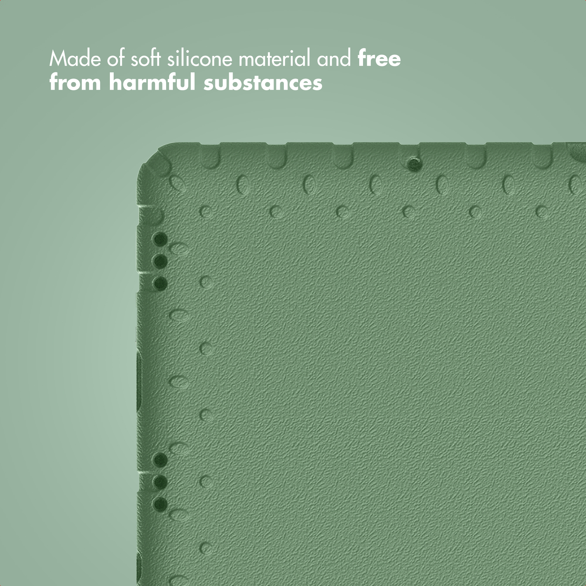 Green silicone case with textured surface and text on top.