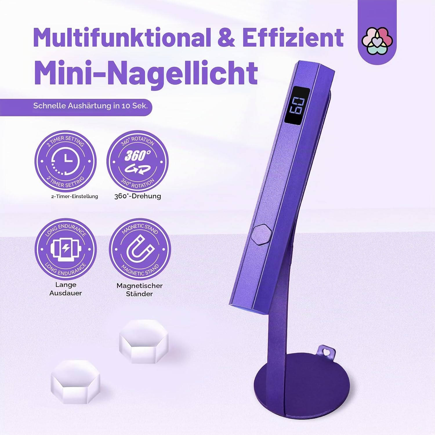 Lila Mini-Nagellicht mit Standfuß, digitalen Timer und Symbolen für Funktionen.